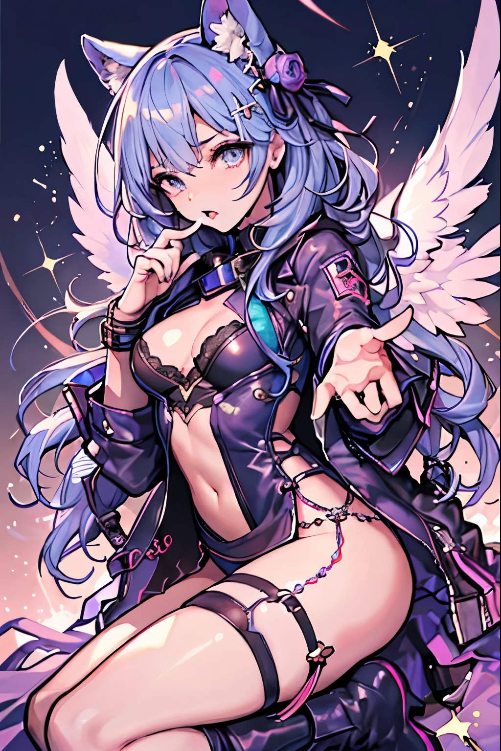 (8K, Best Quality, masutepiece:1.2), 1girl in, Beautiful angel woman, Wings on the back, Circle of Angels, A detailed eye, False lashes, a small nose, Toned body, Glossy thighs, large full breasts, Thumb and four fingers, Anatomically correct fingers, detail portrayal, Lustrous skin, Sparkle, leather jackets, Leather boots,