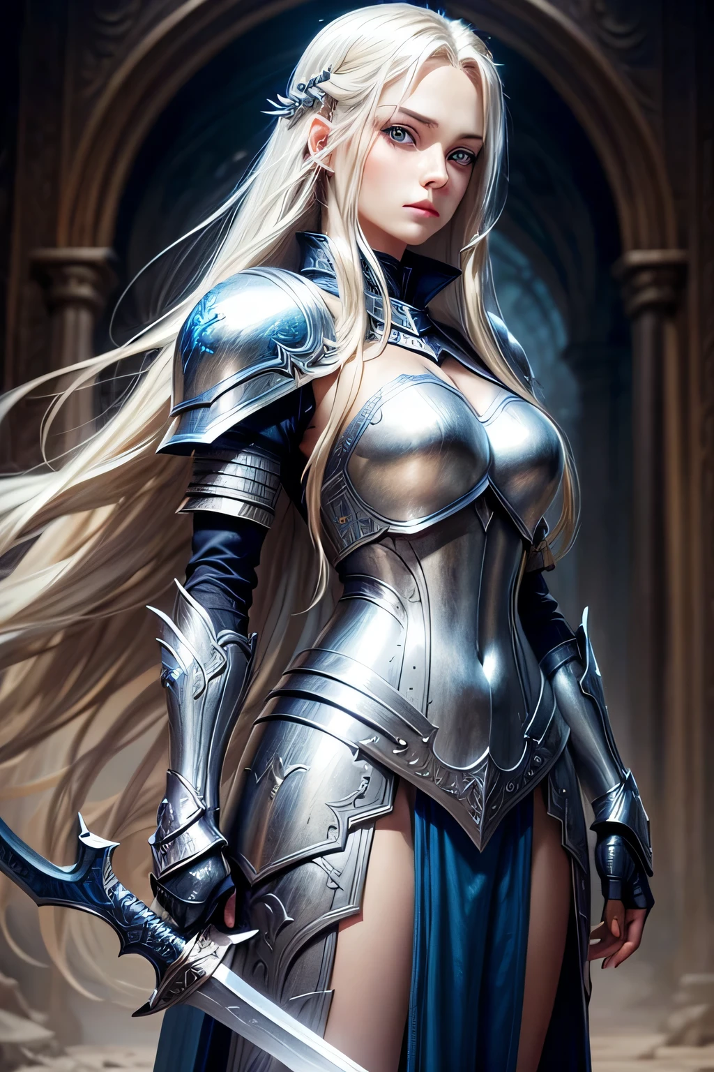 beautiful woman with long straight blonde hair and blue eyes wearing silver armor and holding a long sword fantasy art style