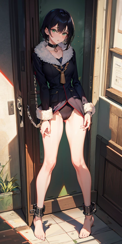 Female, standing, straight, 1girl, looking at viewer, handcuffs on their hands, with a collar around the neck, slave, feet up positon, ((black choker, shackles on legs and arms)) show ass, fur trim, own hands together grabing her own gluteous, nazi green uniform