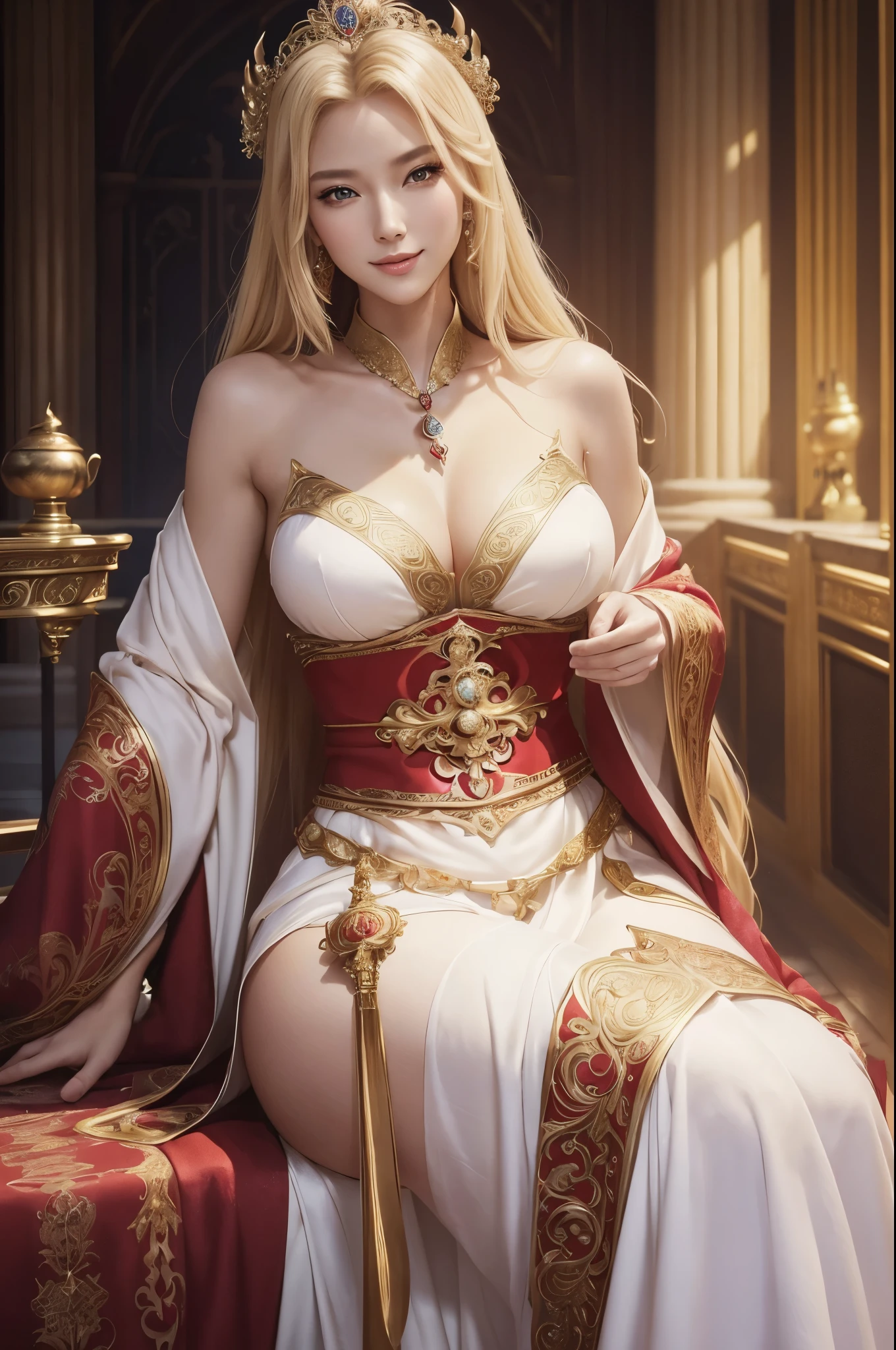 8K,blonde princess in red and white dress posing for, Super beauty(Like the real thing)real looking skin,a beautiful fantasy empress, ornate , palatial palace ， han style woman, ((beautiful fantasy princess, 美しくAn elegantエルフの女王, An elegant , Gorgeous Female Paladin,  ornate robes, beautiful sorceress, Very beautiful princess top model,超A high resolution,Masterpiece,A hyper-realistic,Fantasyart,curacter art,cinestill 800,alluring glance,A sexy,a closeup,a smile,A sexyな衣装,Slender and muscular body,