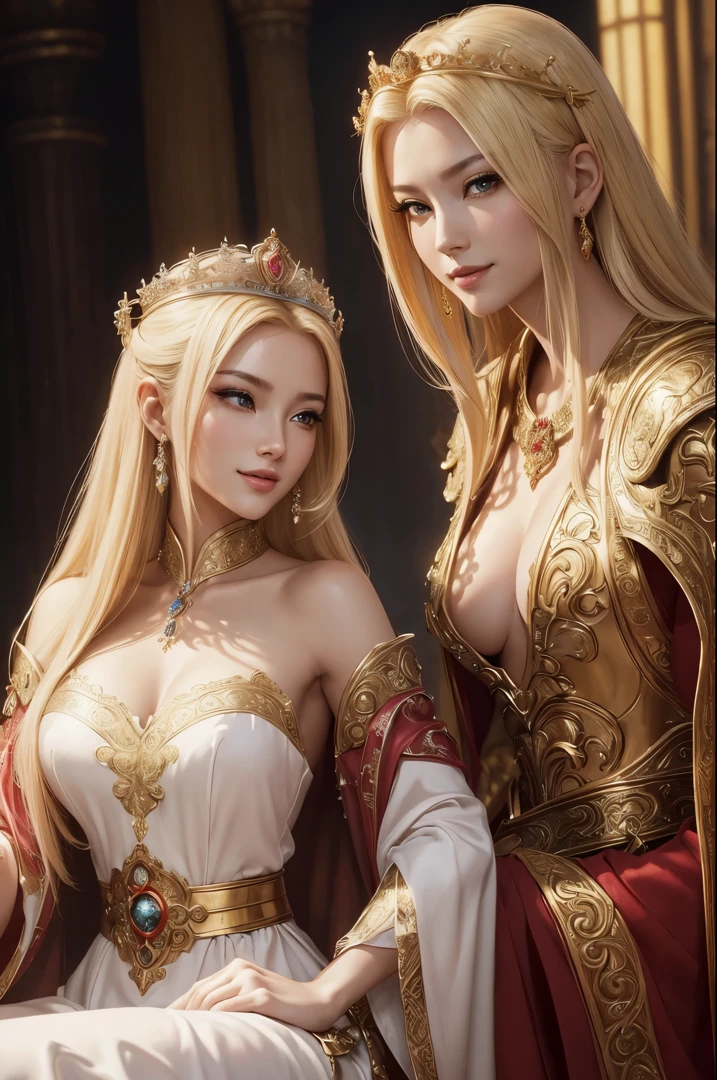 8K,blonde princess in red and white dress posing for, Super beauty(Like the real thing)real looking skin,a beautiful fantasy empress, ornate , palatial palace , han style woman, ((beautiful fantasy princess, 美しくAn elegantエルフの女王, An elegant , Gorgeous Female Paladin, ornate robes, beautiful sorceress, Very beautiful princess top model,超A high resolution,Masterpiece,A hyper-realistic,Fantasyart,curacter art,cinestill 800,alluring glance,A sexy,a closeup,a smile,A sexyな衣装,Slender and muscular body,