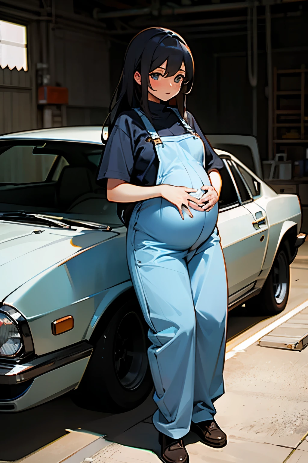 1 girl, long hair, car mechanic's, dark coveralls, big pregnant, at trimester pregnancy, at car's workshop, dirt, facing at camera.