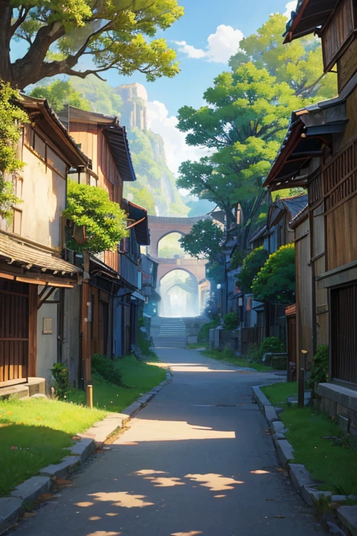 一个女人走过河上的桥的anime scene, beautiful anime scenes, Anime beautiful peaceful scene, screenshot from the anime film, Screenshot of the 2012 animation, beautiful anime scenery, Greengar, Anime landscapes概念艺术, ancient city streets behind her, Bustling magic town, anime scene, Anime countryside landscape, Anime background art, Anime landscapes