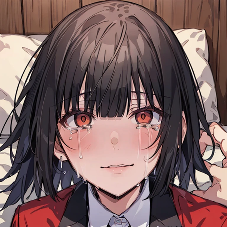 (looking at viewer, open eyes, alone, closeup face, typemoon, official art, ), solo, 1female,  crying female, kitchen, embarrassed,  hands on cheeks, cool face, front face, on bed, pillow, (masterpiece, ultra detailed, best quality, high res, ultra HD, detailed soft skin, detaled cute kawaii face, ),