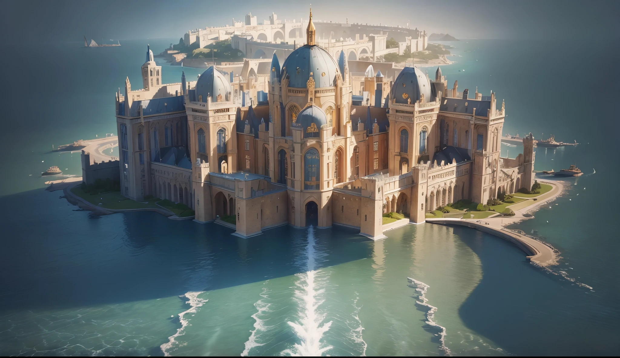 buliding,tmasterpiece, quality, Best quality at best, offcial art, Beautiful and beautiful:1.2, extremely detaile, (s fractal art:1.3) Western European medieval style的皇宫, Age of Discovery Medieval Palace,palace by the bay,There are palaces and gardens,Western European medieval style,,The distant ocean meets the sky,