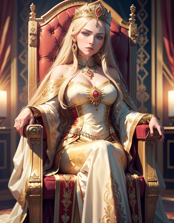 1 Russian Tsarina, golden jewelery, Ancient Russia, shiny fabrics, Russian embroidery, Masterpiece, portraits of a, gems, In the background the thrones, radiance, shiny pollen, Elegantly, filigree, Cinematic, 4k,