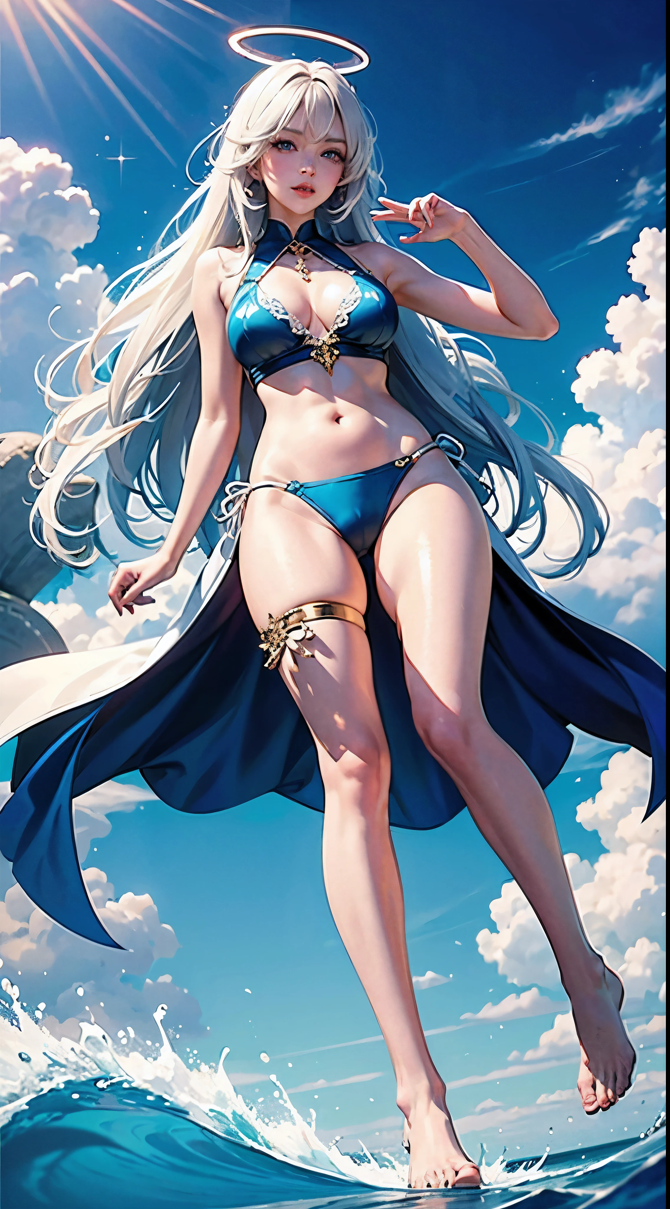 high high quality，tmasterpiece，ultra - detailed，A high resolution，，navel，，hand on her own ，，The halo，Full body lesbian，An extremely delicate and beautiful girl，Big blue eyes，Raised ，8K，，Bess，centado sul playa， hose,with her mouth open,,Cute nose,Cute and beautiful girl,The legs are relatively long,Bigchest,The eyes are relatively large,Long gray hair，The eyeballs are relatively large,sparkle in eyes,Tender feet,The nose is relatively large,white color hair,no shoe，Pretty ,,at a forest,legs long,超级Pretty 又可爱的脸，jade foot，