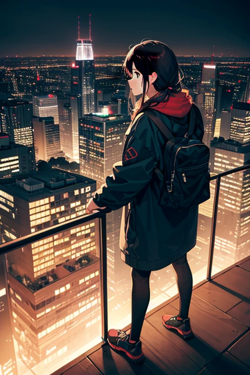 A woman stands on the roof looking at the city at night, calm evening. Over-the-shoulder lens, Watching the sun set. jpn, Tokyo anime anime scenes, with the city as the background, ( ( Xinhai sincerely ) ), Xinhai sincerely. —h 2160, looking over city, Tokyo rooftops as background, in front of a sci fi cityscape