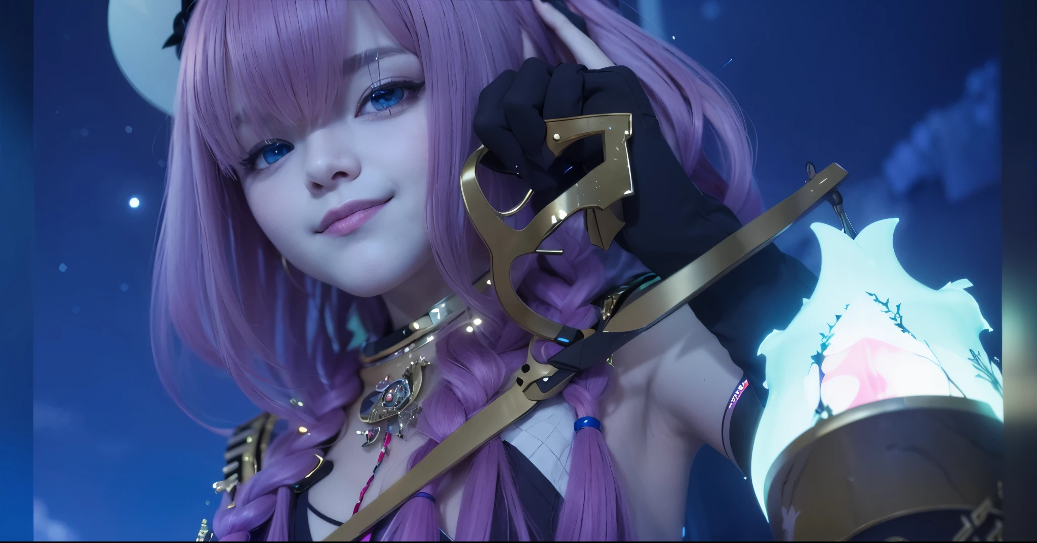 Highly detailed scale、Invincible smile、20yr old、Pink hair、(masutepiece, of the highest quality, Best Quality, Official art, Beautiful and aesthetic:1.2), (girl with), Very detailed clothes, long shapeless hair, (Fractal Art:1.3),Colorful,Highest detail, Cinematic lighting, Night background.