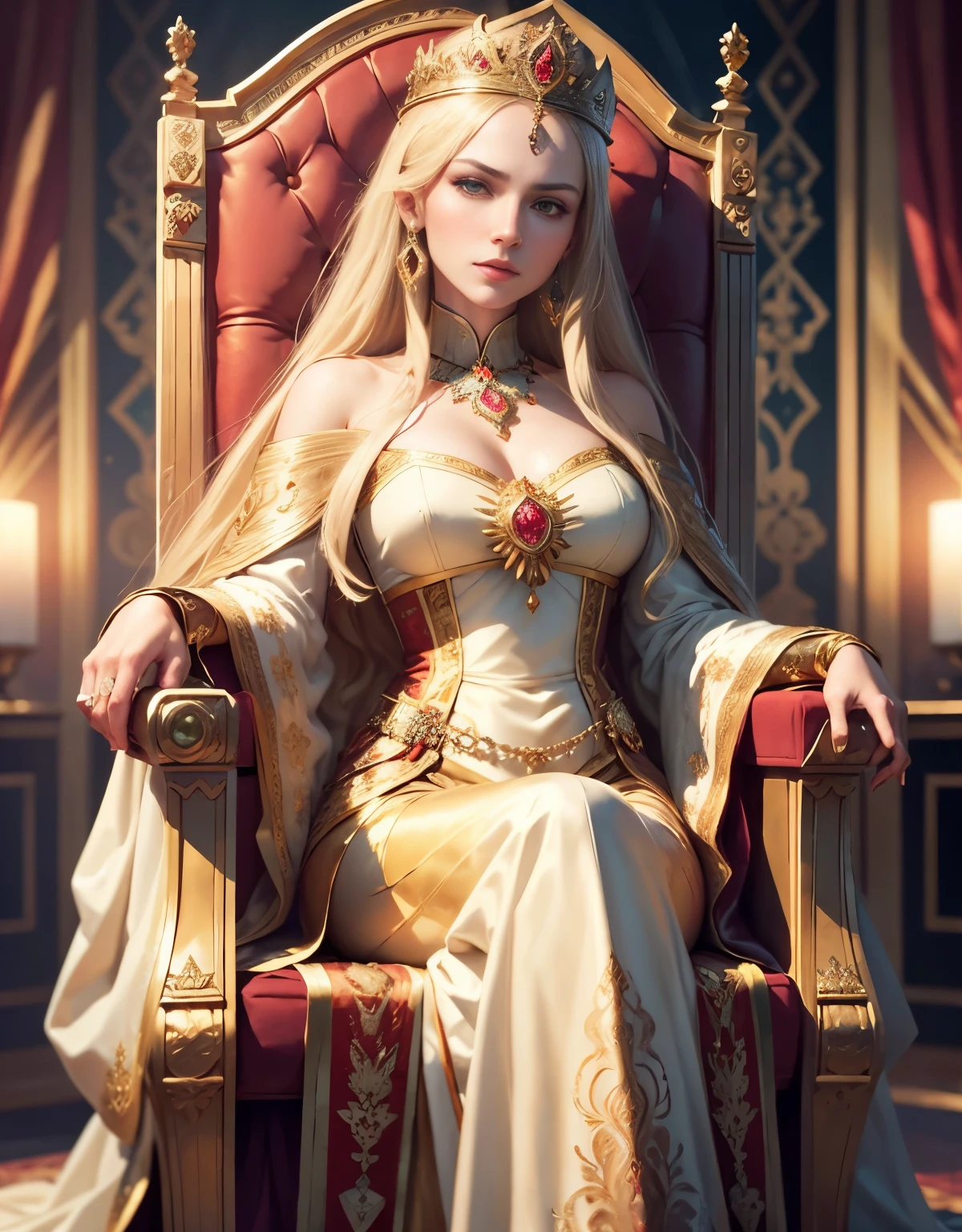 1 Russian Tsarina, golden jewelery, Ancient Russia, shiny fabrics, Russian embroidery, Masterpiece, portraits of a, gems, In the background the thrones, radiance, shiny pollen, Elegantly, filigree, Cinematic, 4k,