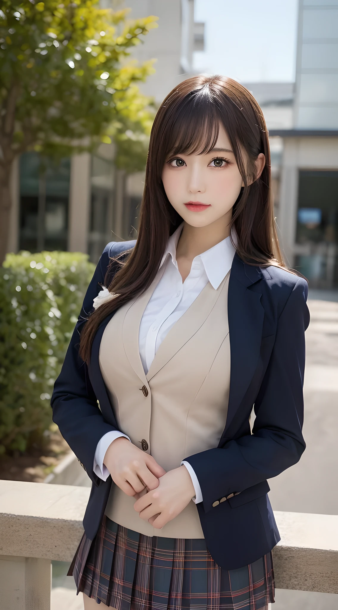 masutepiece, Best Quality, Ultra-detailed, finely detail, hight resolution, 8K Wallpaper, Perfect dynamic composition, Beautiful detailed eyes,  Natural Lip,Blazer ,School uniform, Big breasts, Full body