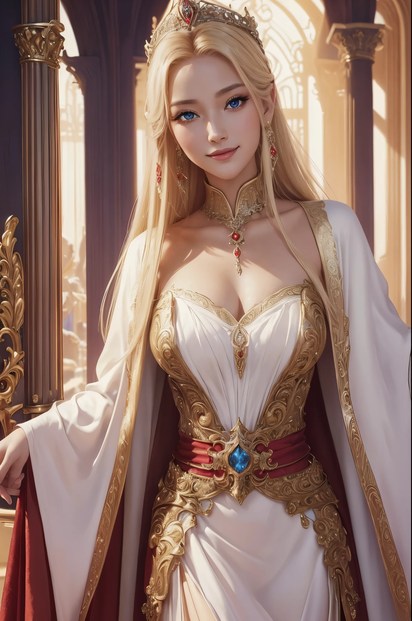 8K,blonde princess in red and white dress posing for, Super beauty(Like the real thing)real looking skin,beautiful fantasy princess,Blue eyes, ornate , palatial palace , Princess Knight, ((beautiful fantasy princess, 美しくAn elegantエルフの女王, An elegant , Gorgeous Female Paladin, ornate robes, beautiful sorceress, Very beautiful princess top model,超A high resolution,Masterpiece,A hyper-realistic,Fantasyart,curacter art,cinestill 800,alluring glance,A sexy,a closeup,a smile,A sexyな衣装,Slender and muscular body,