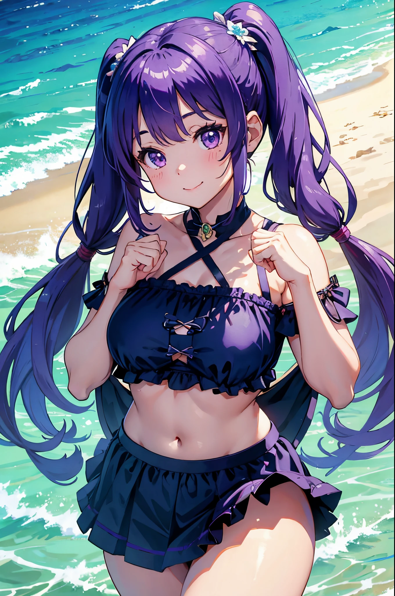 ８k、Best Quality、rays of sunshine、Midsummer beach、独奏、a beauty girl、delicated face、a smile、Long pigtails、Purple hair、Colossal tits:1.8、Put your hands on your、