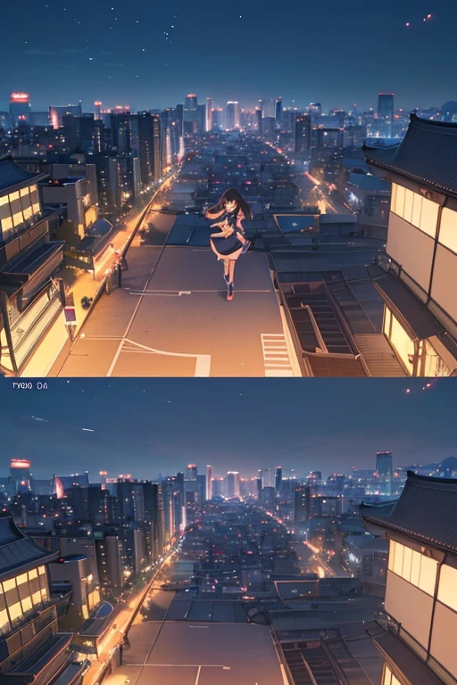 (a woman walking on the rooftop at night:1.1, anime girl running:1.1, Tokyo rooftop as background, screenshot from animated movie, screenshot from anime movie, TV anime still, anime still from "Kuro", screenshot from 2012 anime, anime scene in Tokyo, inspired by anime, anime movie style, 2019 anime screenshot)
