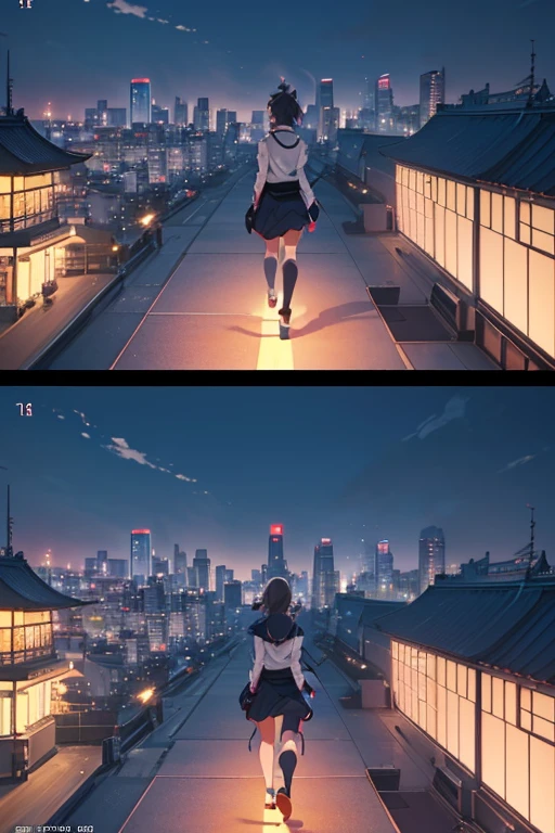 (a woman walking on the rooftop at night:1.1, anime girl running:1.1, Tokyo rooftop as background, screenshot from animated movie, screenshot from anime movie, TV anime still, anime still from "Kuro", screenshot from 2012 anime, anime scene in Tokyo, inspired by anime, anime movie style, 2019 anime screenshot)