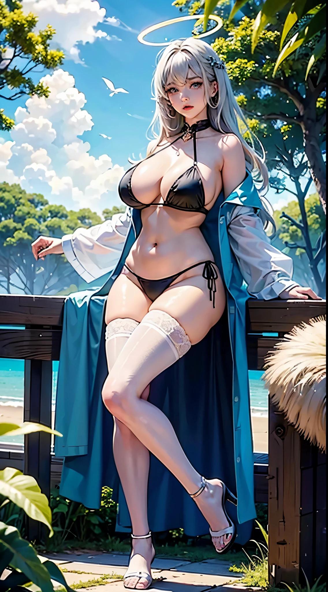 high qulity,tmasterpiece,ultra - detailed,A high resolution,,nabel,比基尼,hand on her own chest,,The halo,full bodyesbian,wide blue eyes,Raised sexy,8K,,Beth,sentado na praia,lacepantyhose,with her mouth open,,cute big breasts鼻子,cute big breasts,The legs are relatively long,Big chest,The eyes are relatively large,long whitr hair,The eyeballs are relatively large,Eyes sparkle,Tender feet,The nose is relatively large,white color hair,No shoes,prette,bikini,at a forest,Long legs,cute big breasts脸,jade foot,Running posture