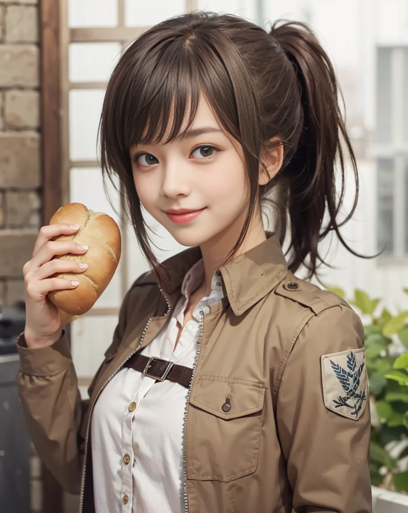 (masterpiece, best quality:1.2), upper body, solo, 1girl, sasha braus, smile, looking at viewer, holding food, bread, smile, paradis military uniform, jacket