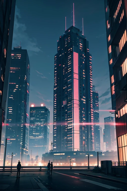 Night view of city street with high-rise buildings and cars, Madhouse Studio anime style, anime backgrounds艺术, completed building, anime style cityscape, bladerunner apartment, random background scene, hd anime cityscape, Luxury apartment, anime scene, Anime landscape concept art, style of madhouse anime, sankakucomplex anime image, dystopian city apartment, anime backgrounds