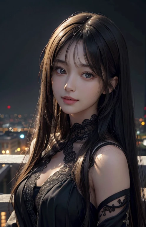 (Ultra Realistic), (Illustration), (Increased Resolution), (8K), (Extremely Detailed), (Best Illustration), (Beautiful and Detailed Eyeest Quality), (Ultra Detailed), (Masterpiece ), ( wallpaper), (detailed face), solo, 1 girl, looking at viewer, fine details, detailed face, in the dark, deep shadows, low key, pureerosfaceace_v1, smiling, long hair, black shawl straight hair , 46 points oblique bangs