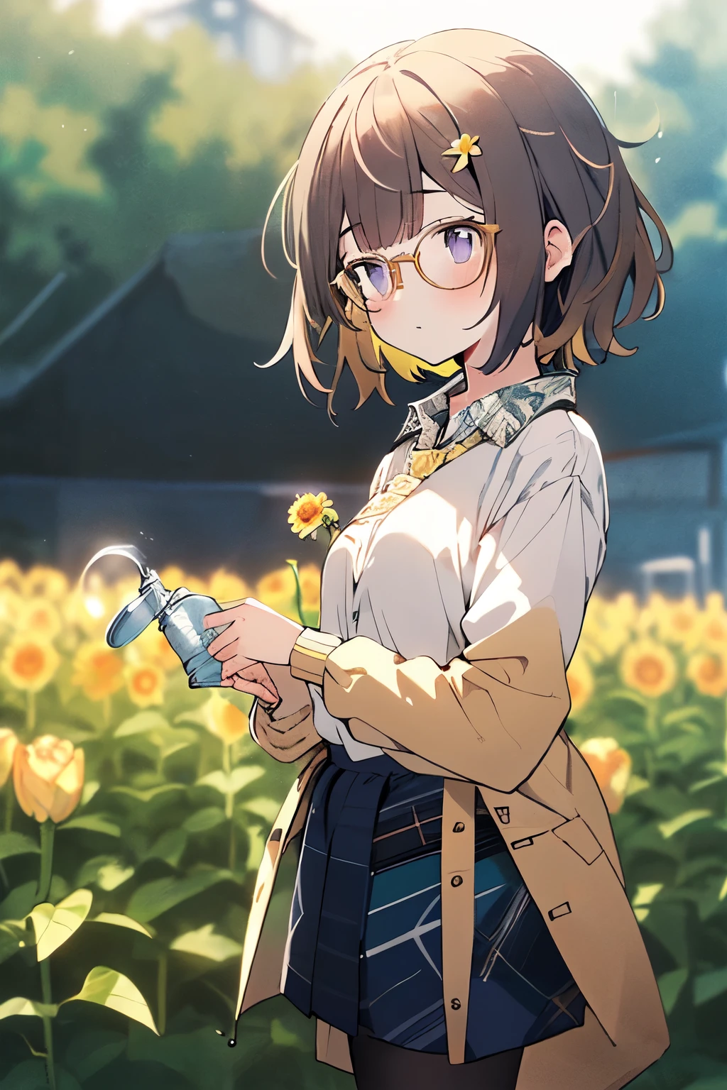 ultra-detailed brushstrokes and vivid colors. The image has the best quality and resolution (4k or 8k), melfissacasual, collared shirt, short hair, brown mix yellow hair, glasses, coat, black skirt, pantyhose, (empty eyes), gentle inhaling the scent of flowers, stary pupils, little white flower, upclose face, warm, smailing, little blushing(flowerouquet, daisy, dandelion, flower, flower_field, holding_bouquet, orange_flower, sunflower, white_flower, yellow_flower, yellow_rose, field, lily_\(flower\), tulip, holding_flower, hydrangea, blue_flower, snail, vase, green_flower, rose, lily_of_the_valley, purple_flower, leaf, watering_can,petals, solo, flower_pot, white_rose, holding, flowers