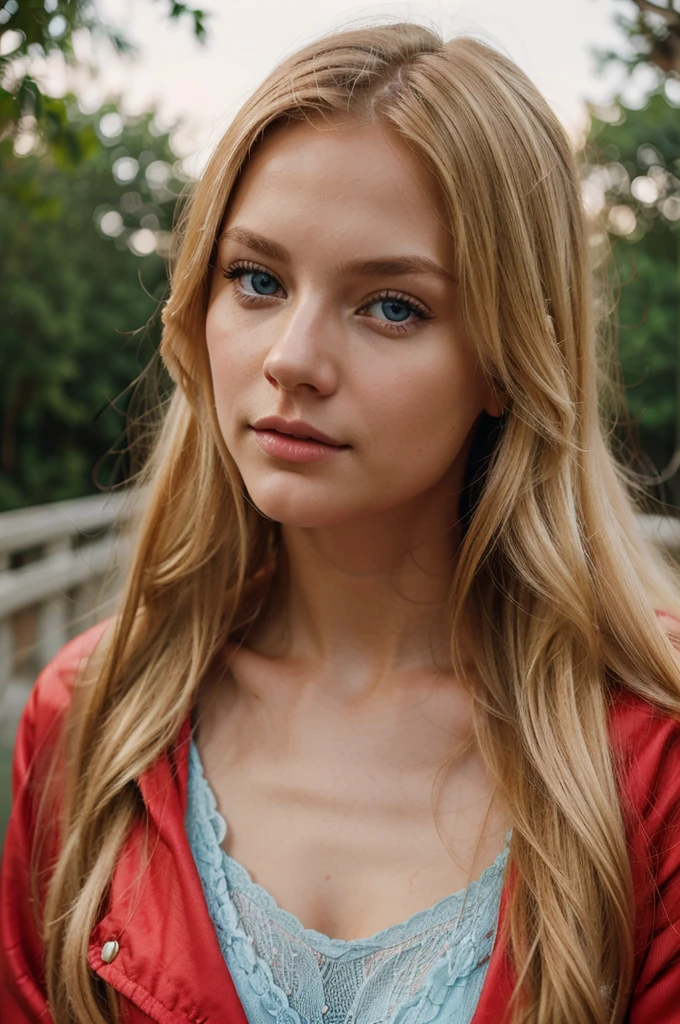 blonde woman with blue eyes and long hair posing for a picture, soft portrait shot 8 k, cinematic beautiful natural skin, photorealistic beautiful face, red jacket