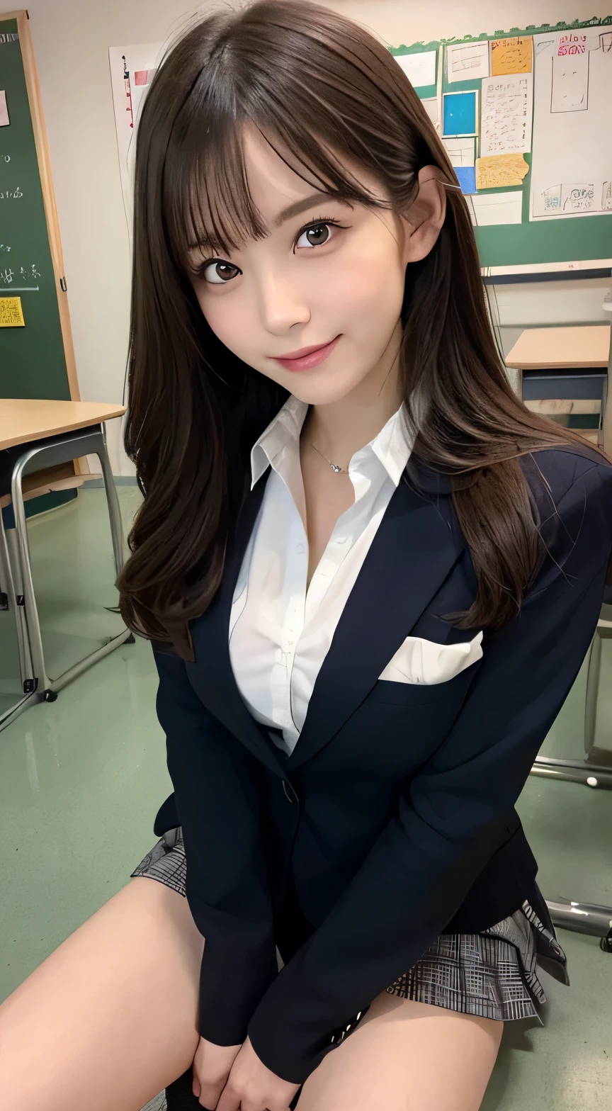 masutepiece, Best Quality, Illustration, Ultra-detailed, finely detail, hight resolution, 8K Wallpaper, Perfect dynamic composition, Beautiful detailed eyes, ,Medium Hair, Big breasts, Natural Color Lip, Random and sexy poses,Smile、20 years girl、 After-school classroom、 high school giller suit、a miniskirt、Loose socks、