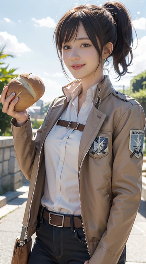 (masterpiece, best quality:1.2), upper body, solo, 1girl, sasha braus, smile, looking at viewer, bread, paradis military uniform, jacket