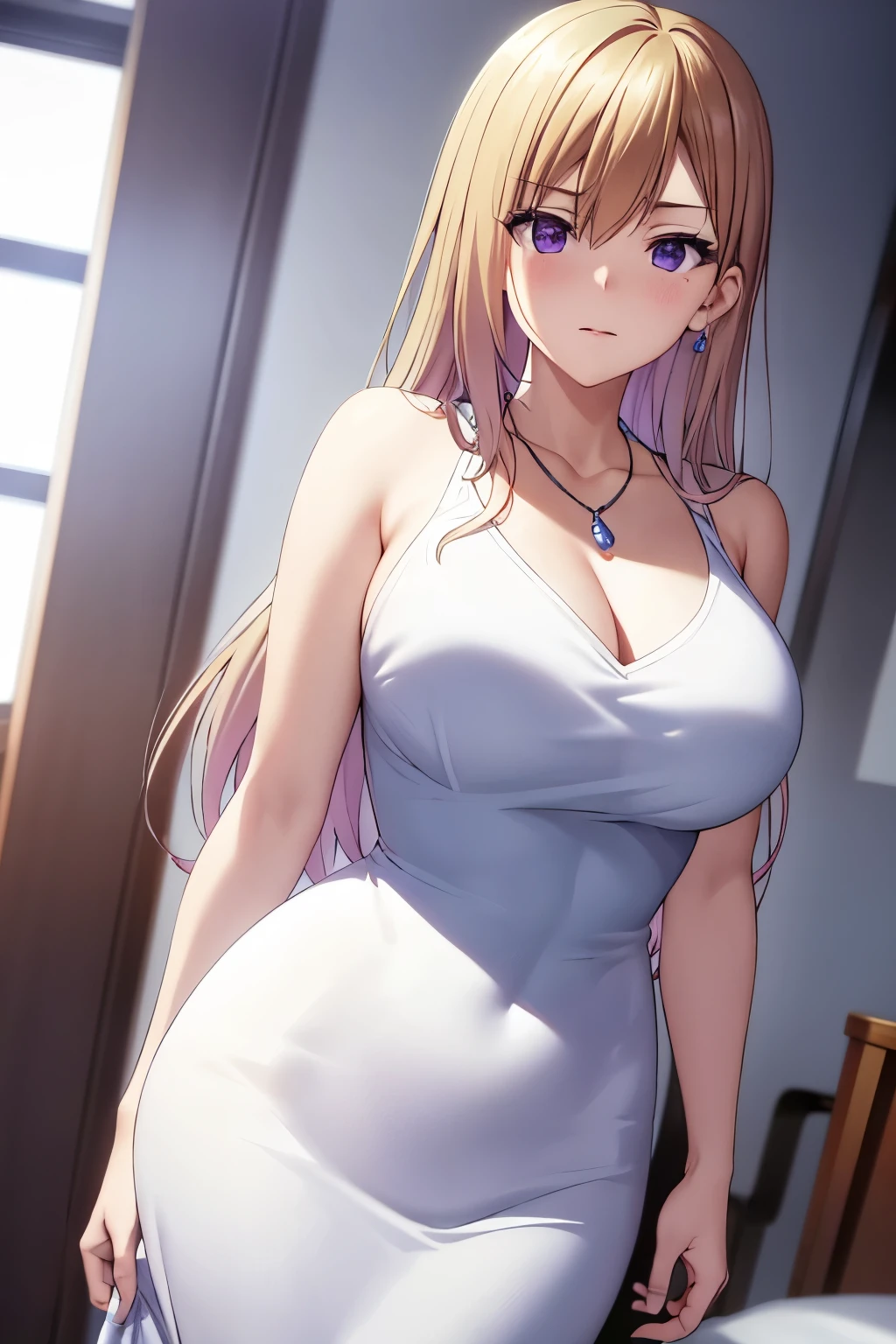 masterpiece, (best quality), 1woman,1girl ,1boy,,kawakami_mai,    blonde hair,  long hair, hair let down,  purple eyes, formal dress, white dress,   jewelry, necklace, earrings, large breasts, mole under eye, embarrassed,blush,  formal ,   vibrant colors ,,natural lighting  ,RTX,  , beautiful, (detailed face:1.2), showcase, (perfect eyes:1.1) ,(photorealistic:1.1), 8k uhd,  looking at viewer, indoorackround