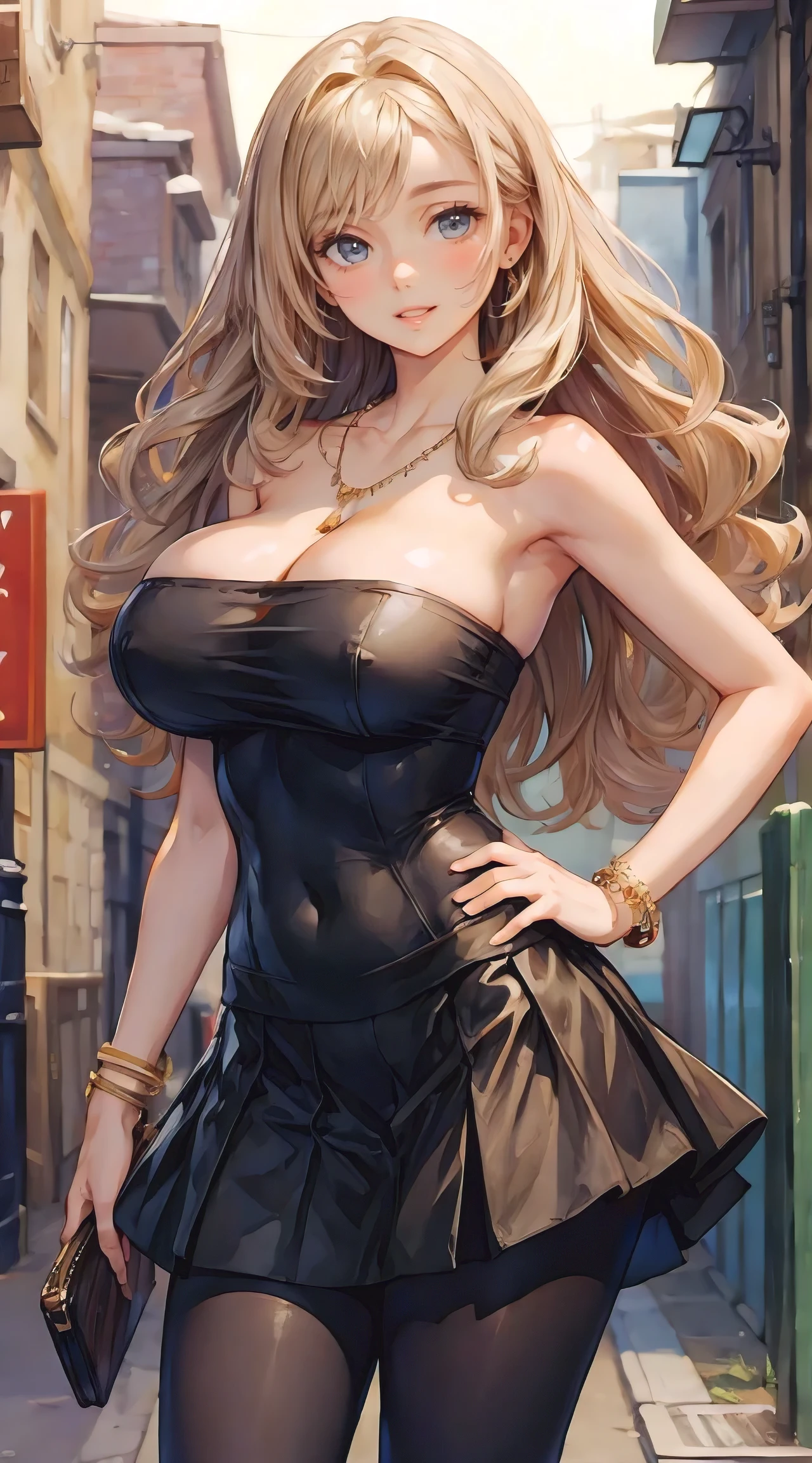 (masterpiece, best quality), nice figure, big breasts, wavy hair, bracelet, necklace, strapless tube top, miniskirt, pantyhose, quiet alley