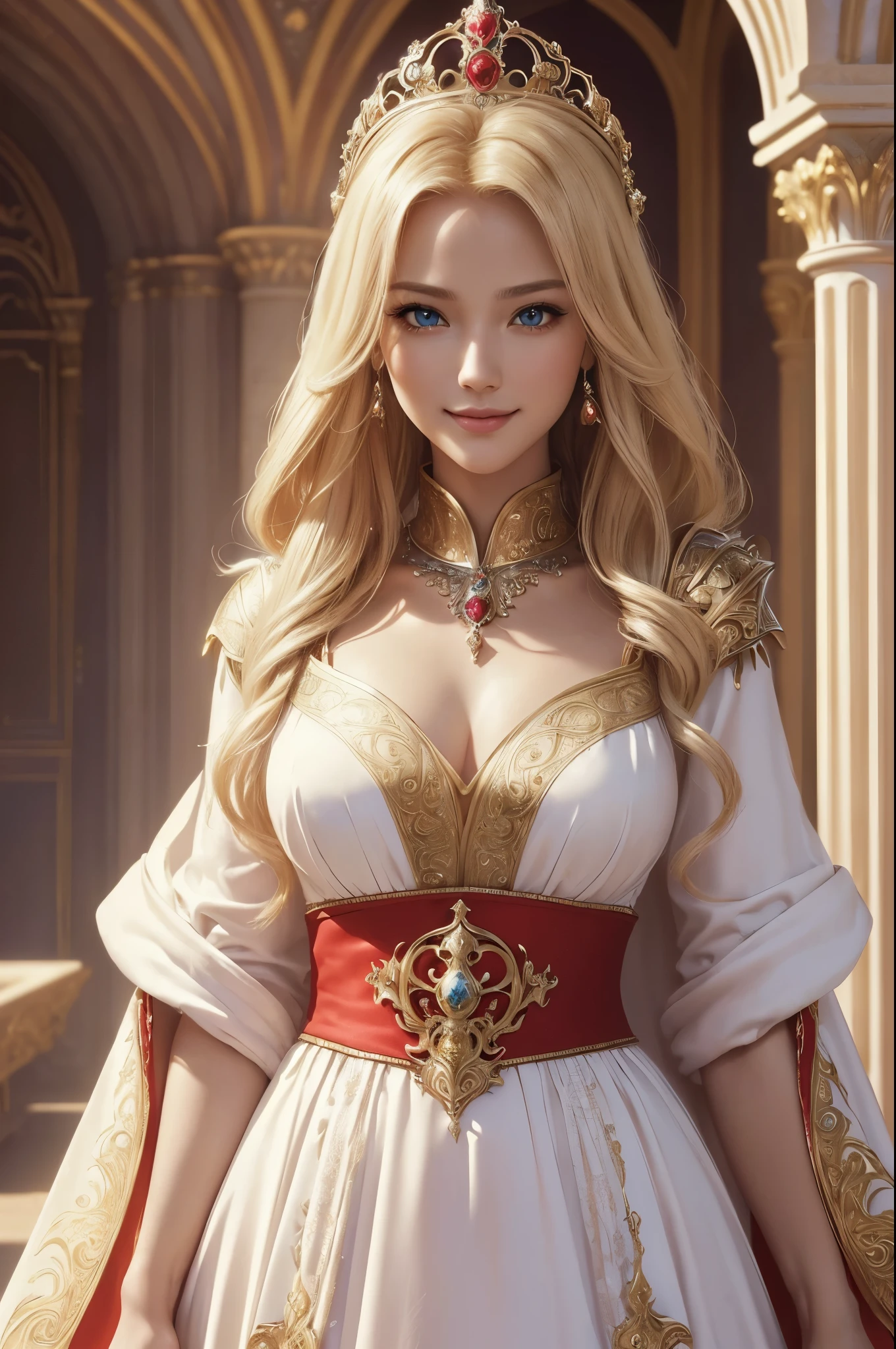8K,blonde princess in red and white dress posing for, Super beauty(Like the real thing)real looking skin,beautiful fantasy princess,Blue eyes, ornate , palatial palace , Princess Knight, ((beautiful fantasy princess,, An elegant , gorgeous princess paladin, ornate robes, 美しいPrincess Knight, Very beautiful princess top model,超A high resolution,Masterpiece,A hyper-realistic,Fantasyart,curacter art,cinestill 800,alluring glance,A sexy,a closeup,a smile,A sexyな衣装,Slender and muscular body,