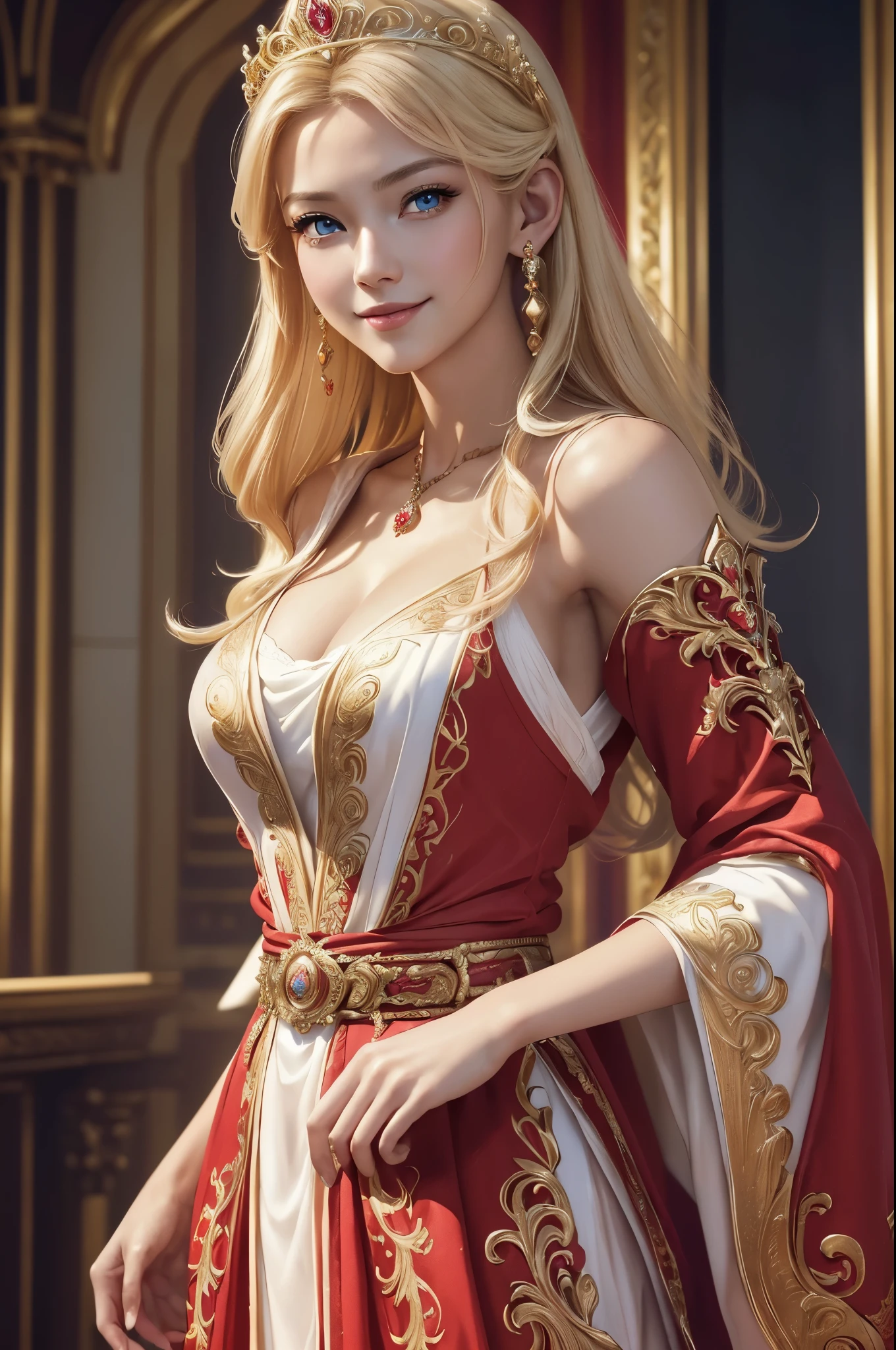 masterpiece,Highest image quality,Super details,best quality ,extremely delicate and beautiful, Very detailed,best quality, official art, Extremely detailed CG unified 8k wallpaper, Ana de Armas portrait photo, Blonde hair with black pupils,shiny skin, (beautiful eyes:1.1), beautiful skin, big watery eyes,(detailed lighting:1.2), (Beautiful and detailed light:1.3),The noble goddess wearing flaming red and black holy clothes,Intricate Flame Shroud Details,Gorgeous and complex hollow ultra-thin flame dress,Beautiful udder, The most perfect breast shape,firm breast,Deep cleavage,Naked of breast,complex, digital drawing, Smooth, sharp focus, end of the world, epic reality, (high dynamic range:1.4), (pastel colors:1.4), Revelation,Bright colors, screen space refraction, (intricate details, Super detailed:1.3), art station, lens, complex background, buliding,Beautiful smile,The most beautiful look,Dreamcatcher earrings,The best look,The noble, beautiful and dignified goddess of fire,