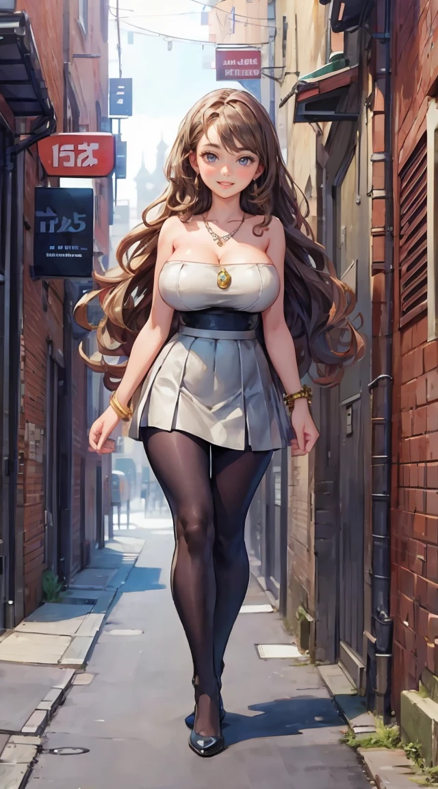 (masterpiece, best quality), pixel art, nice figure, big breasts, wavy hair, bracelet, necklace, strapless tube top, miniskirt, pantyhose, quiet alley