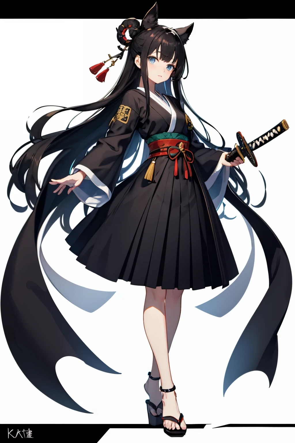 esguio, (peito pequeno), long  black hair, blue eyes,136, dark samurai, garota anime, black dress, fullbody, katana perfeita,