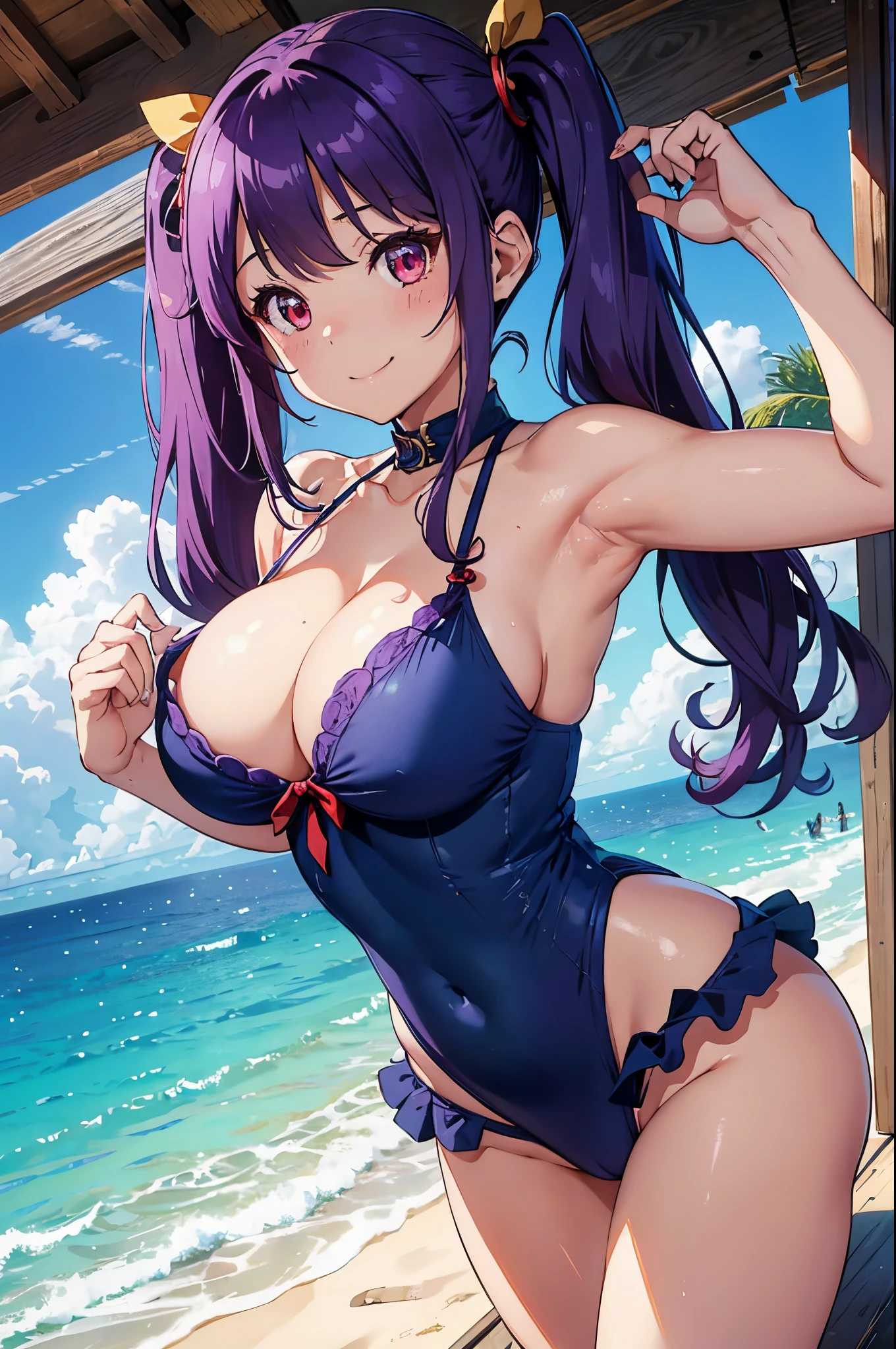 ８k、Best Quality、rays of sunshine、Midsummer beach、独奏、a beauty girl、delicated face、a smile、red eyes、Long pigtails、Purple hair、Colossal tits:1.8、cleavage of the breast、Show the armpits、Whole body immersion、Embarrassed