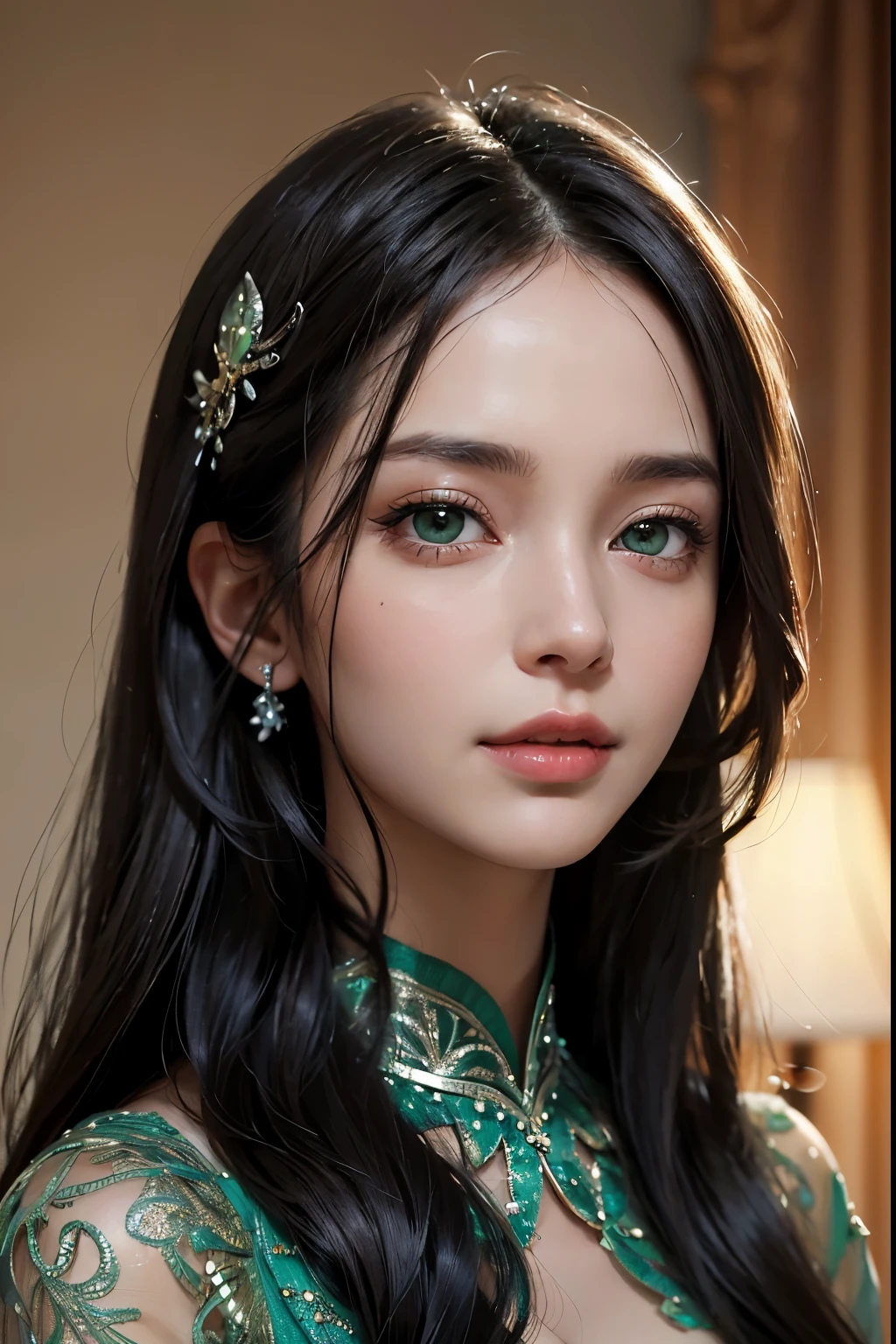 In this awe-inspiring image, the observer is greeted by a breathtaking vision of elegance. The focus of the image is a beautiful lady with enchanting green eyes and jet-black hair. This ultra-detailed image showcases every strand of her hair, highlighting its glossy texture and the way it gracefully falls around her face. The meticulous attention to detail is awe-inspiring, with every feature of the lady’s face vividly captured - her green eyes that seem to tell a story, her refined nose, and lips that seem to invite a smile. The overall composition of the image radiates grace, revealing the artist’s keen eye for perfection. It is a true masterpiece, a tribute to the artist’s talent and commitment
