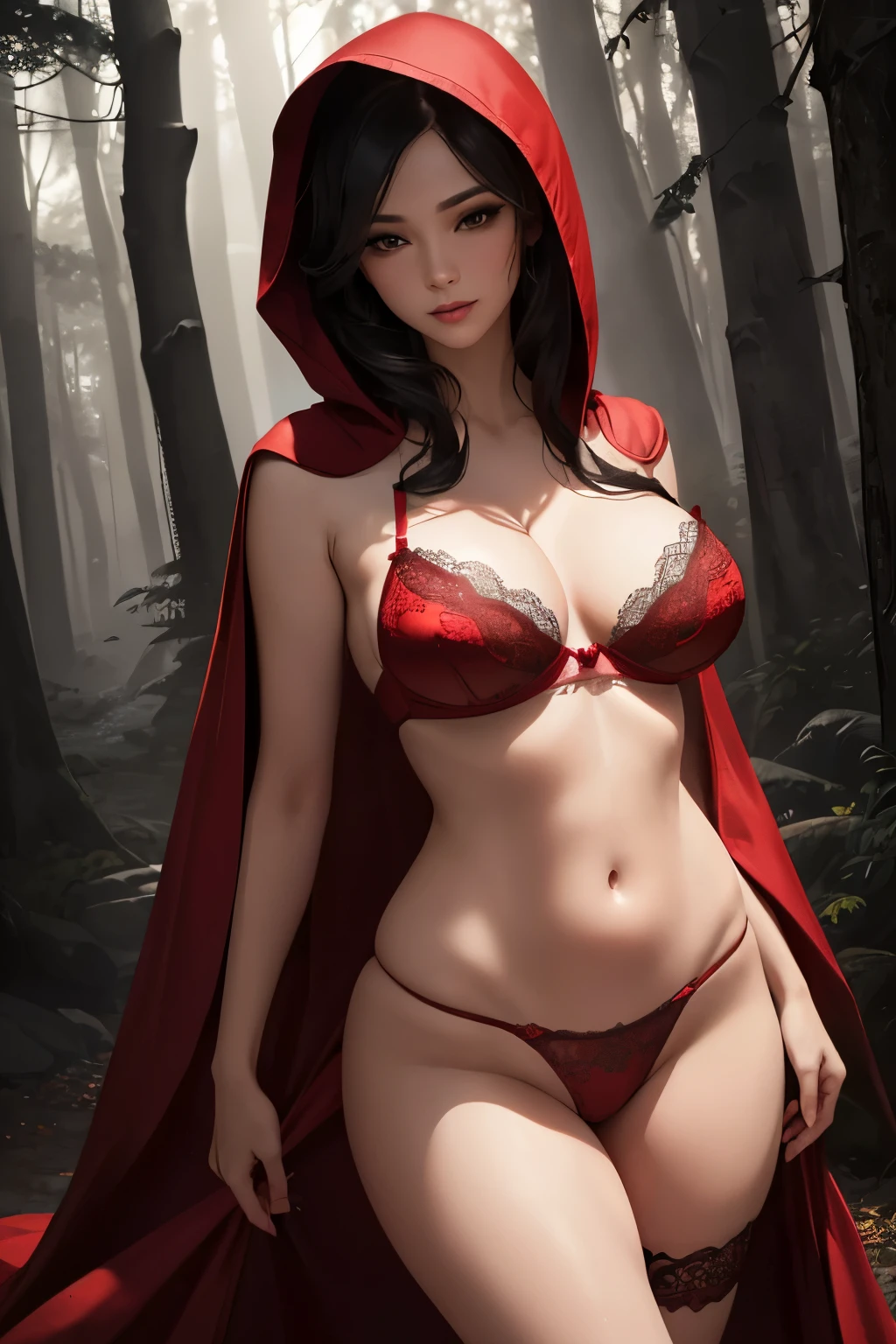 (detailed, beautiful, sexy, elegant:1.1), (elaborate), (soft, diffused light), (moody lighting), (professional photography:1.2), (bokeh), (eye-catching), (sexy), (erotic), (red riding hood), (strapless bra), (thong), (lush forest scenery), (flowing red cloak), (mysterious ambiance), (alluring pose), (graceful movement), (enticing gaze), (intense colors), (sensual atmosphere), (delicate lace details), (seductive curves), (subtle shadows), (revealing outfit), (enticing beauty), (romantic mood), (passionate expression), (sultry atmosphere), (intriguing storytelling), (feminine allure), (provocative charm), (captivating sunlight), (bewitching silhouette).