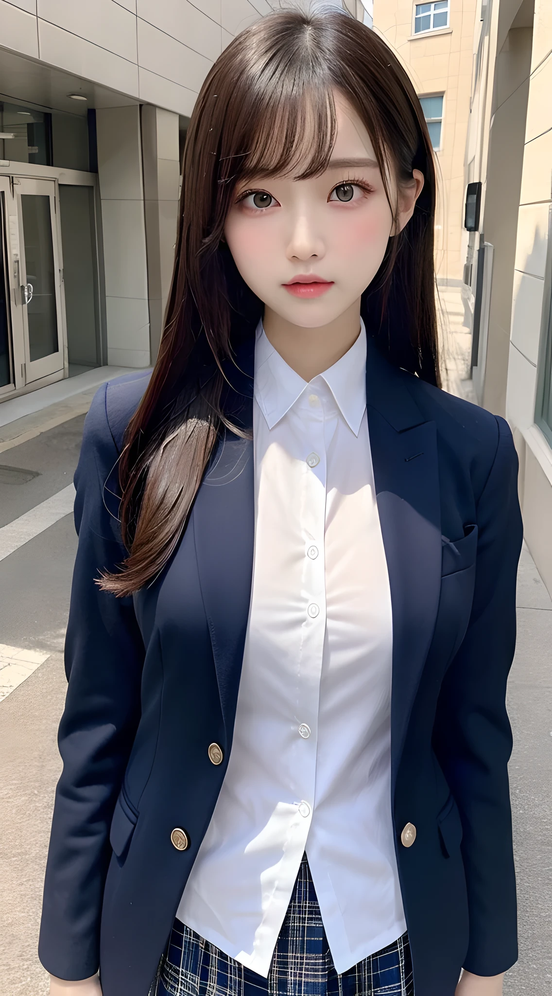 (masutepiece, top-quality:1.3), ulzzang -6500-v1.1, Ultra-detailed, finely detail, hight resolution, 8K Wallpaper, Perfect dynamic composition, Beautiful detailed eyes, Natural Lip,Blazer ,School uniform, Big breasts, Full body