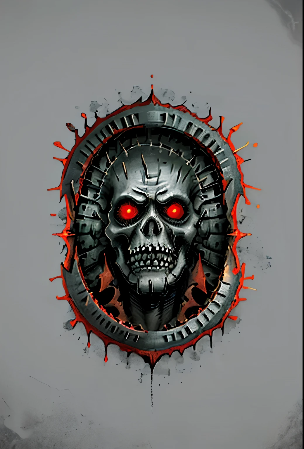 a close up of a poster with a zombie face on it, detailed cover artwork, album art, official artwork, heavy metal artwork, detailed 4k horror artwork, undead. highly detailed, bodyhorror, album artwork, scary detailed art in color, horror!! highly detailed, flesh and metal, heavy metal album cover, death metal album cover, of spiked gears of war skulls