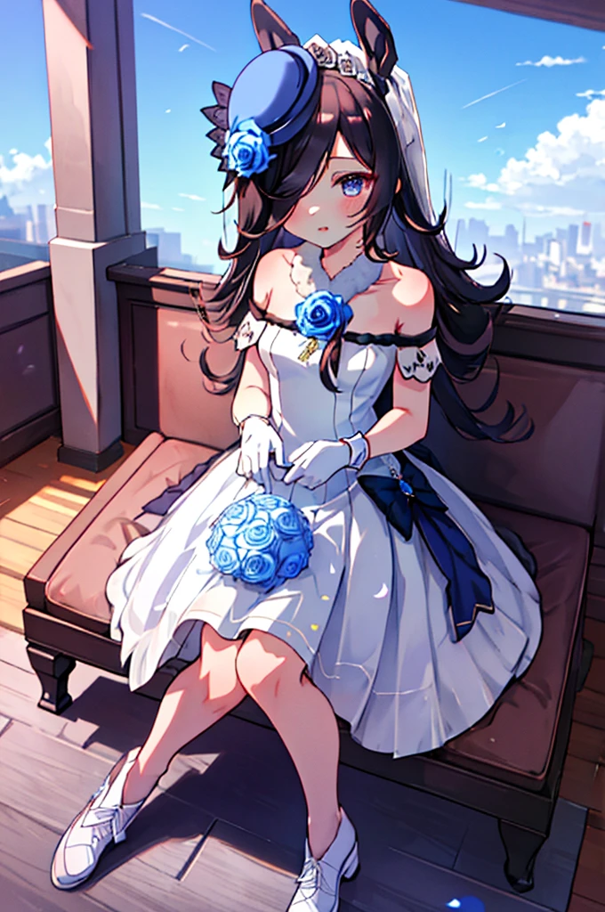 ultra-detailed face, masutepiece, Best Quality, be standing, 1girl in, ((sky blue wedding dress)), twin braids, white gloves, white shoes, full body, blue rose, rose hair ornaments, bare shoulders, bare knees