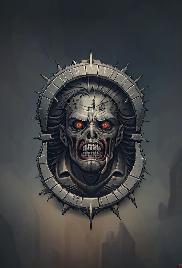 a close up of a poster with a zombie face on it, detailed cover artwork, album art, official artwork, heavy metal artwork, detailed 4k horror artwork, undead. highly detailed, bodyhorror, album artwork, scary detailed art in color, horror!! highly detailed, flesh and metal, heavy metal album cover, death metal album cover, of spiked gears of war skulls