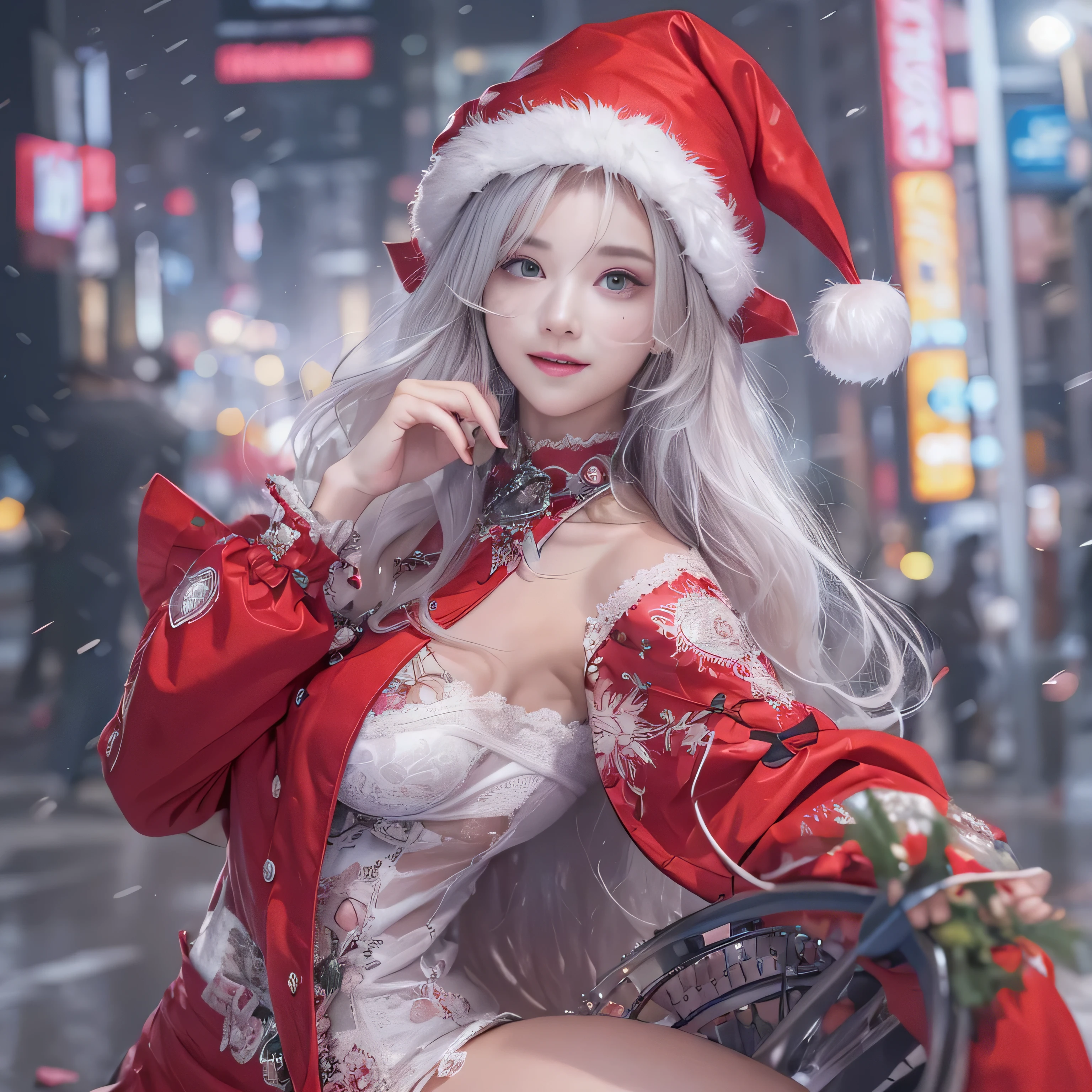 8K、top-quality、hight resolution、ultra-detailliert、masterpiece、Raw photography:2、realisitic:2、Photorealsitic:2、extremely delicate and beautiful、finely detail、(Cyber City), (highly detailed landscape), (Night Highway), 1womanl, (Solo)、(Riding a racing bike:1.5)、(Super beautiful)、(beauitful face:2), (A detailed face:1.5)、(Delicat eyes:1.3), (Detailed nose:1.3), (Detailed lips:1.3)、(Bare legs:1.2)、double whirlwind pattern design garment,Iris heterochromatic pupil,silver-haired girl,無料のhight resolution,(Off Shoulder Santa Claus Costume Mini Skirt) Red fur coat、(A smile),(White lace panties are visible)、sexypose