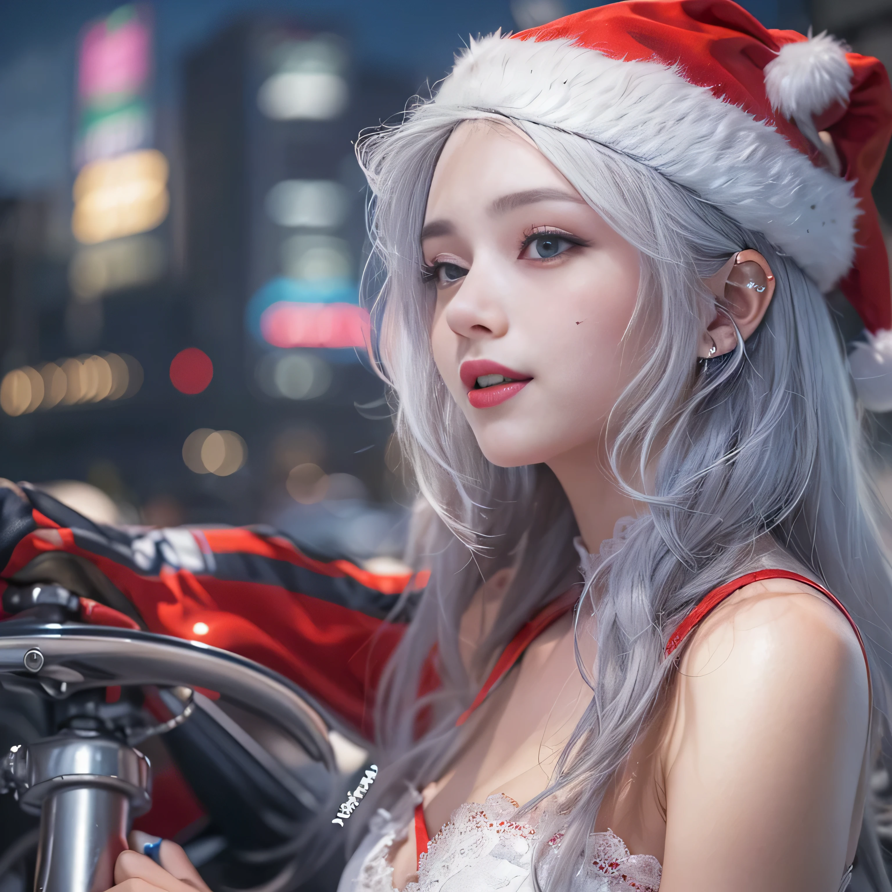 8K、top-quality、hight resolution、ultra-detailliert、masterpiece、Raw photography:2、realisitic:2、Photorealsitic:2、extremely delicate and beautiful、finely detail、(Cyber City), (highly detailed landscape), (Night Highway), 1womanl, (Solo)、(Riding a racing bike:1.5)、(Super beautiful)、(beauitful face:2), (A detailed face:1.5)、(Delicat eyes:1.3), (Detailed nose:1.3), (Detailed lips:1.3)、(Bare legs:1.2)、double whirlwind pattern design garment,Iris heterochromatic pupil,silver-haired girl,無料のhight resolution,(Off Shoulder Santa Claus Costume Mini Skirt) Red fur coat、(A smile),(White lace panties are visible)、sexypose