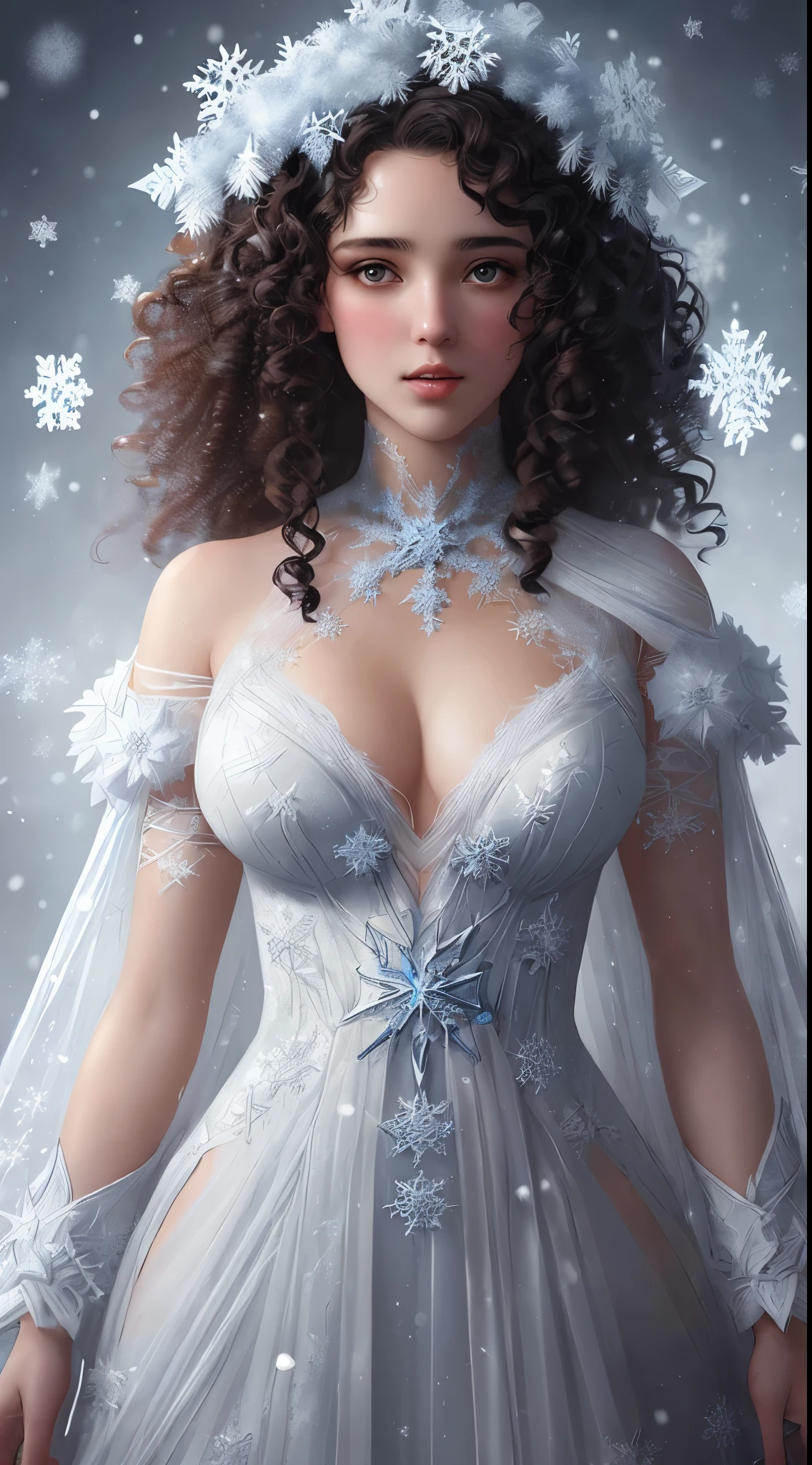 girl with curly hair, (in a costume consisting of snowflakes), dim light, many details, close-up, hyper-detailed, style by Greg Rutkowski