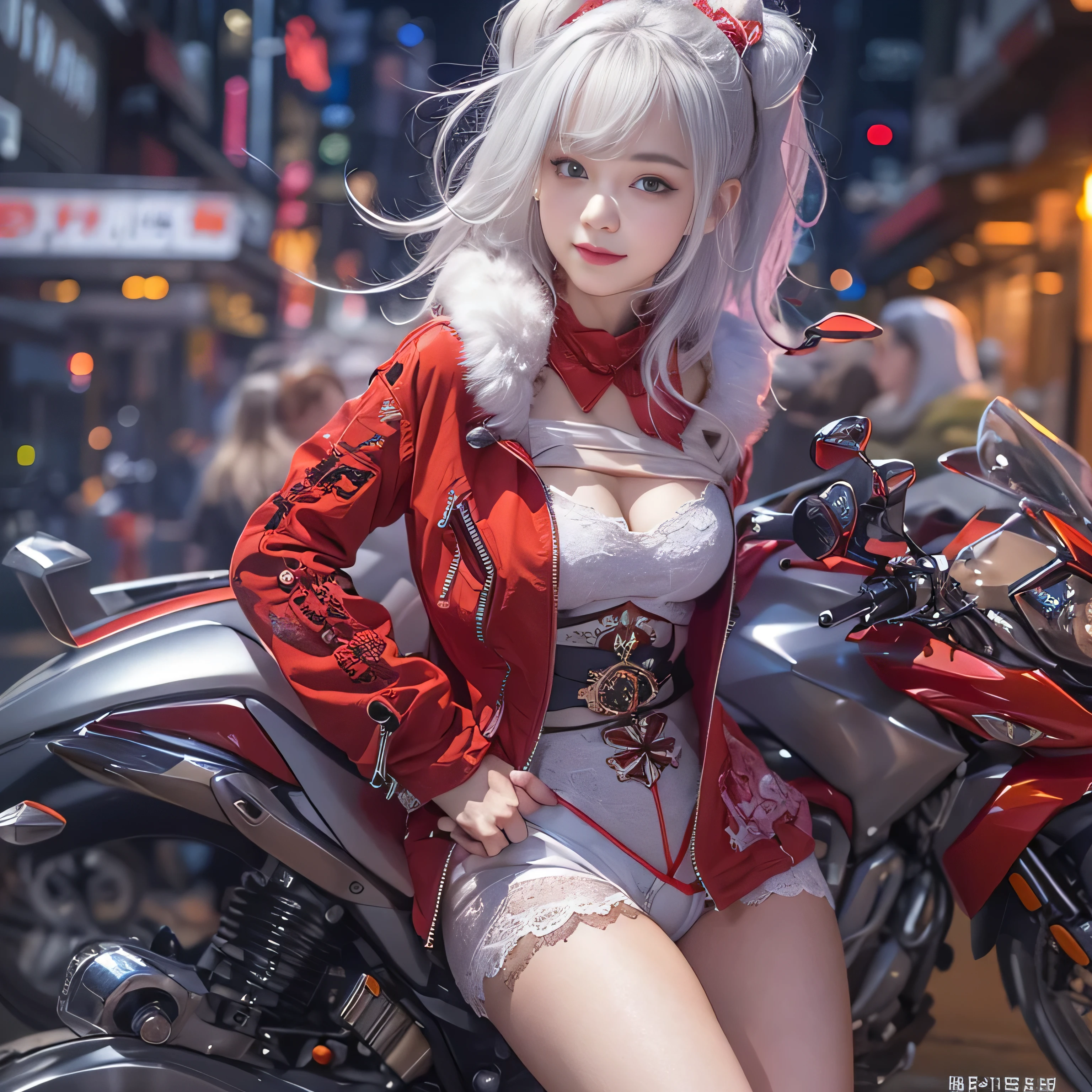 8K、top-quality、hight resolution、ultra-detailliert、masterpiece、Raw photography:2、realisitic:2、Photorealsitic:2、extremely delicate and beautiful、finely detail、(Cyber City), (highly detailed landscape), (Night Highway), 1womanl, (Solo)、(Riding a motorcycle of the near future:1.5)、(Super beautiful)、(beauitful face:2), (A detailed face:1.5)、(Delicat eyes:1.3), (Detailed nose:1.3), (Detailed lips:1.3)、(Bare legs:1.2)、double whirlwind pattern design garment,Iris heterochromatic pupil,silver-haired girl,無料のhight resolution,(Off Shoulder Santa Claus Costume Mini Skirt) Red fur coat、(A smile),(White lace panties are visible)、sexypose