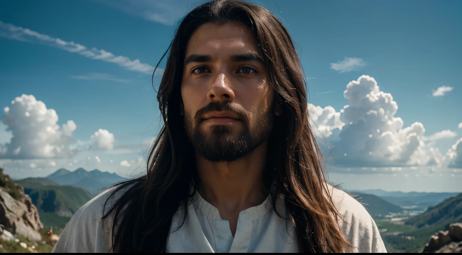 professional long-distance scenic photography of {Jesus Christ}, perfect point of view, highly detailed, wide-angle lens, hyper realistic, with dramatic sky, polarizing filter, natural lighting, vivid colors, all in sharp focus, HDR, UHD, 16K