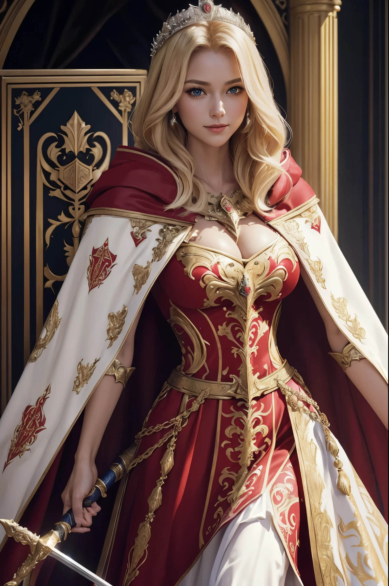 8K,A blonde princess wearing a gorgeous red, white, and black chest armor., Super beauty(Like the real thing)real looking skin,beautiful fantasy princess,Blue eyes, ornate , palatial palace , Princess Knight, ((beautiful fantasy princess,, An elegant , gorgeous princess paladin, ornate robes, 美しいPrincess Knight, Very beautiful princess top model,超A high resolution,Masterpiece,A hyper-realistic,Fantasyart,curacter art,cinestill 800,alluring glance,A sexy,a closeup,a smile,A sexyな衣装,Slender and muscular body,combat scene,action scene,actionpose,Equipped with a rapier on the waist,Royal coat of arms carved into the chest armor,red and white luxurious cloak,