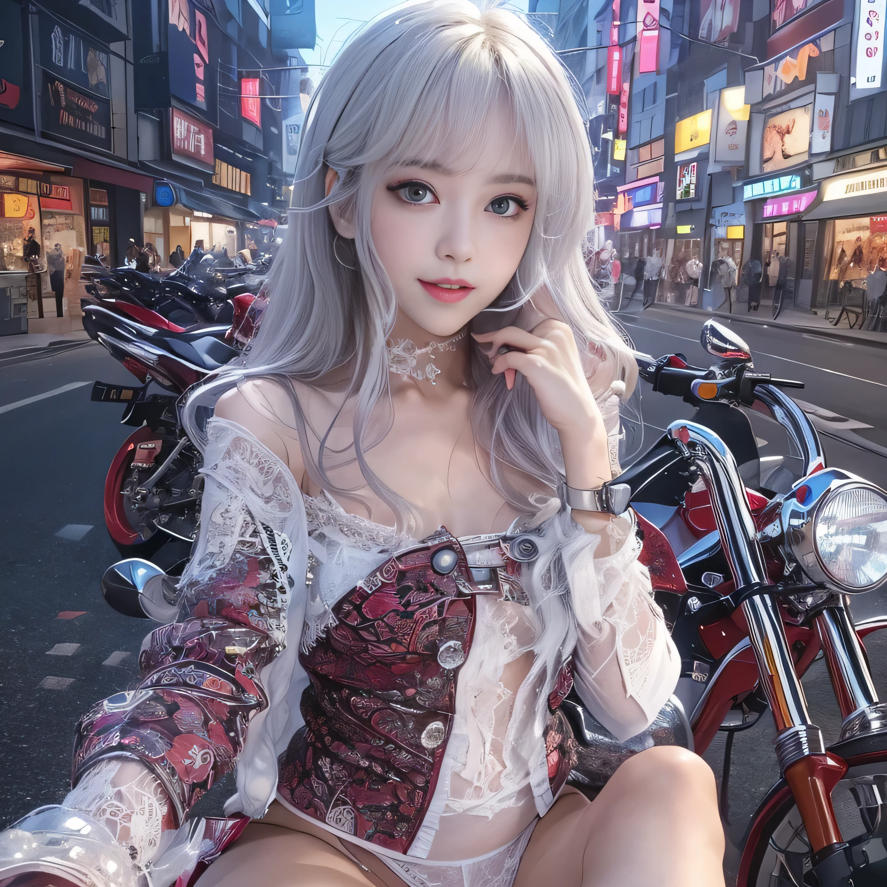 8K、top-quality、hight resolution、ultra-detailliert、masterpiece、Raw photography:2、realisitic:2、Photorealsitic:2、extremely delicate and beautiful、finely detail、(Cyber City), (highly detailed landscape), (Night Highway), 1womanl, (Solo)、(Riding a motorcycle of the near future:1.5)、(Super beautiful)、(beauitful face:2), (A detailed face:1.5)、(Delicat eyes:1.3), (Detailed nose:1.3), (Detailed lips:1.3)、(Bare legs:1.2)、double whirlwind pattern design garment,Iris heterochromatic pupil,silver-haired girl,無料のhight resolution,(Off Shoulder Santa Claus Costume Mini Skirt) Red fur coat、(A smile),(White lace panties are visible)、sexypose