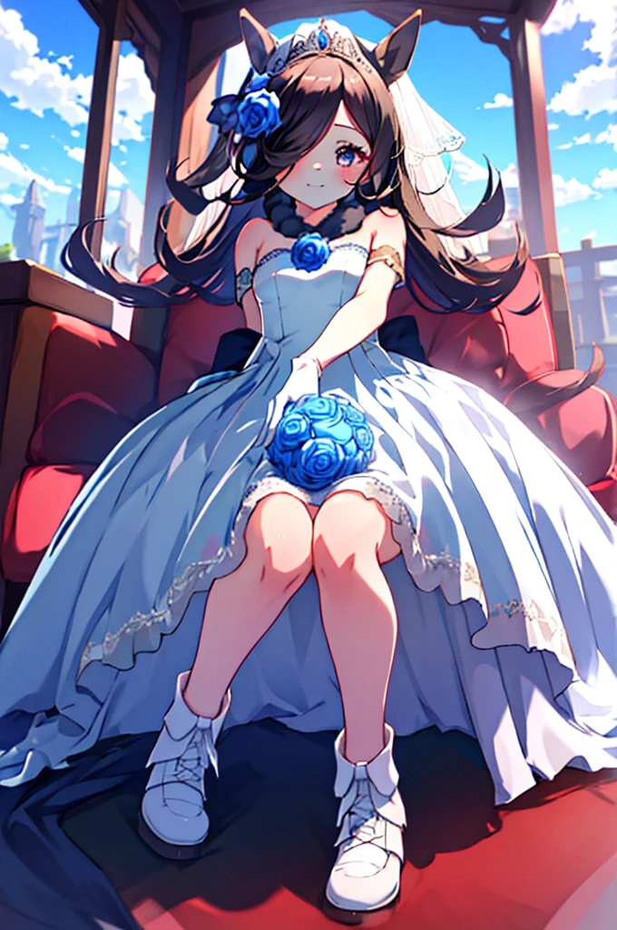 front view, ultra-detailed face, masutepiece, Best Quality, be standing, 1girl in, ((sky blue wedding dress)), twin braids, white gloves, white shoes, full body, blue rose, rose hair ornaments, bare shoulders, bare knees, happy smile