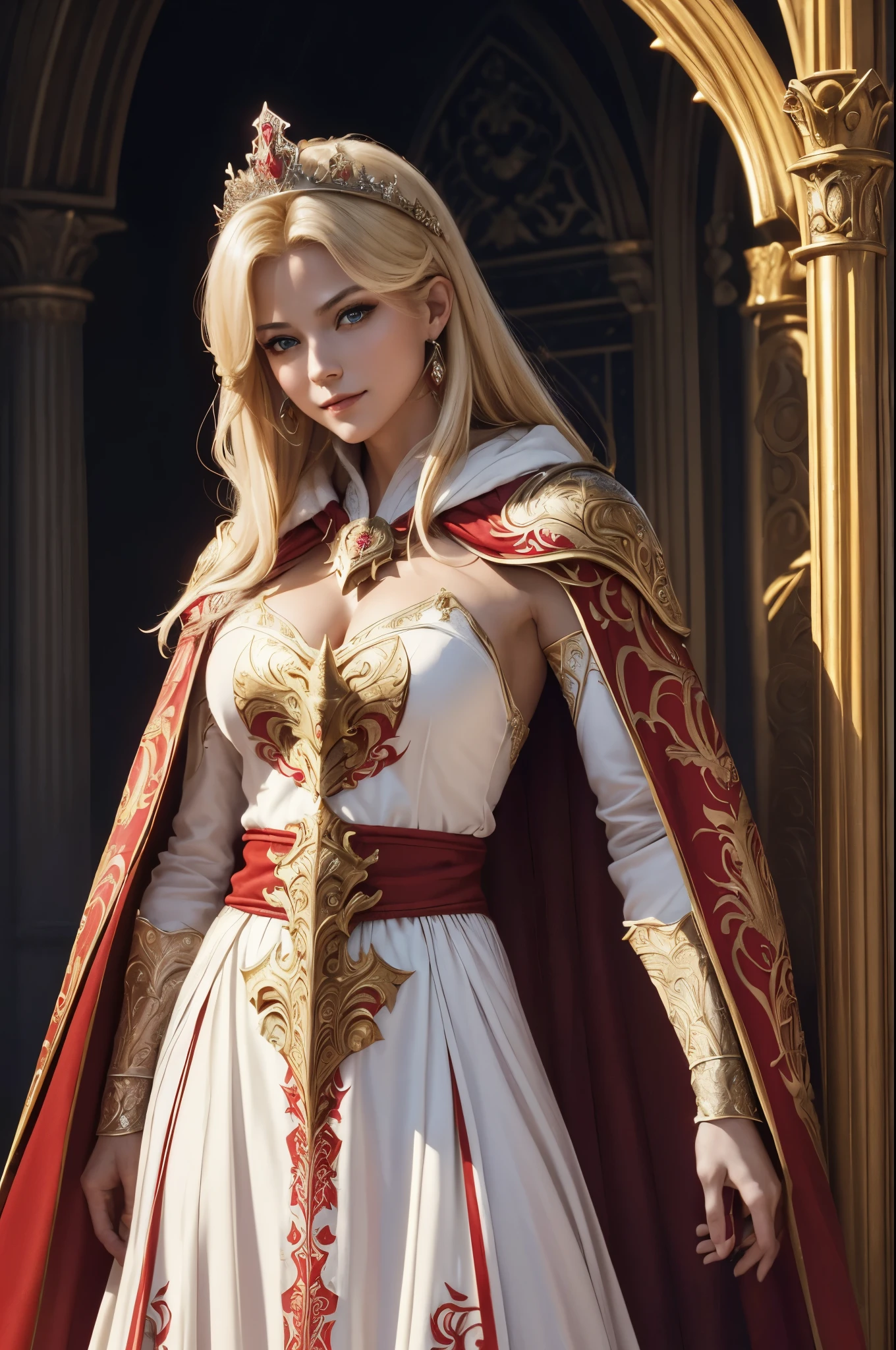 8K,A blonde princess wearing a gorgeous red, white, and black chest armor., Super beauty(Like the real thing)real looking skin,beautiful fantasy princess,Blue eyes, ornate , palatial palace ， Princess Knight, ((beautiful fantasy princess,, An elegant , gorgeous princess paladin,  ornate robes, 美しいPrincess Knight, Very beautiful princess top model,超A high resolution,Masterpiece,A hyper-realistic,Fantasyart,curacter art,cinestill 800,alluring glance,A sexy,a closeup,a smile,A sexyな衣装,Slender and muscular body,combat scene,action scene,actionpose,Equipped with a rapier on the waist,Royal coat of arms carved into the chest armor,red and white luxurious cloak,