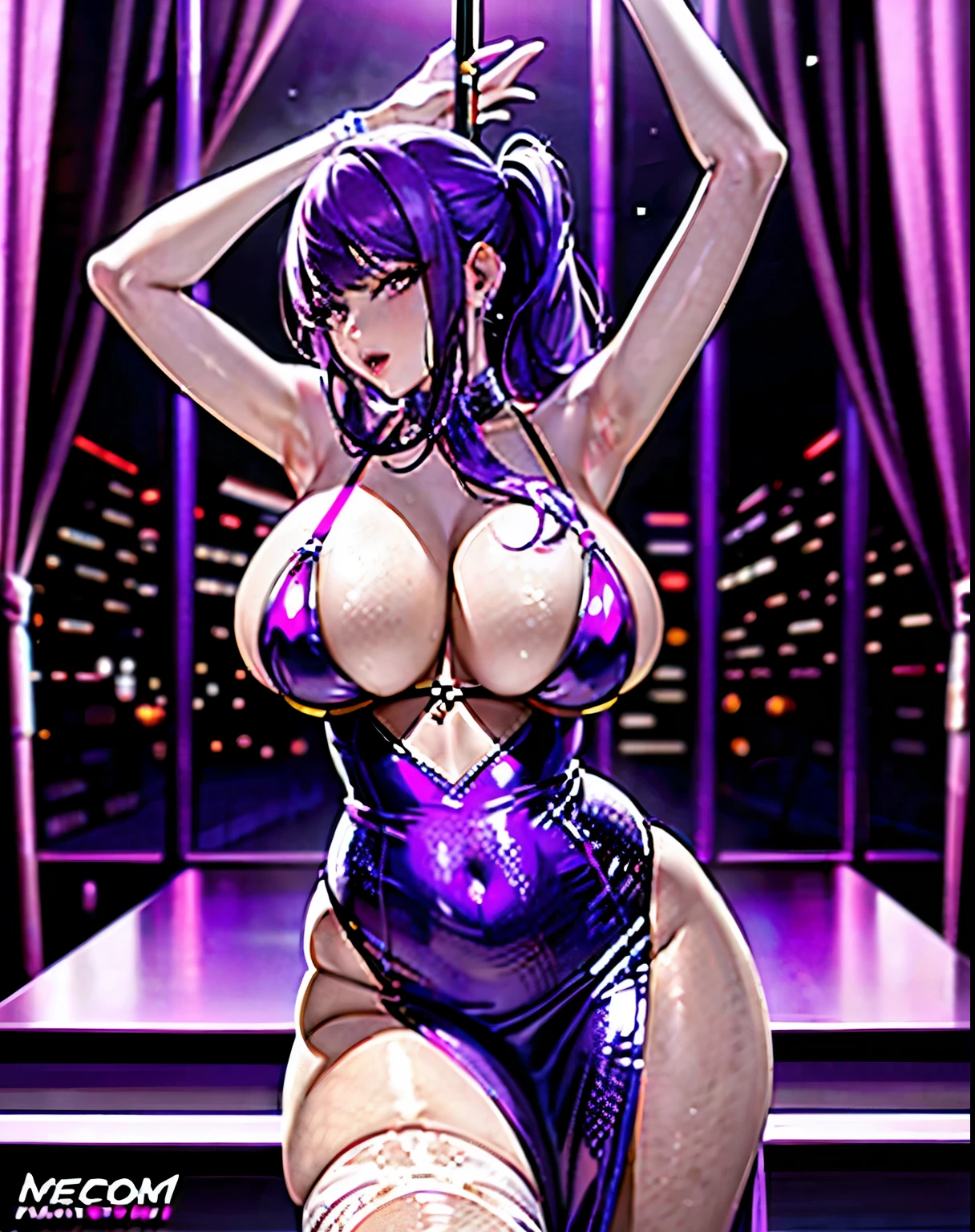 Photorealistic, best quality, high res, meticulous detail, a hot beautiful pole dancer woman wearing slip dress in a stripper club, tight big , big hips, long legs, purple hair, sexy, uctive face, flawless white skin, hands up, legs up